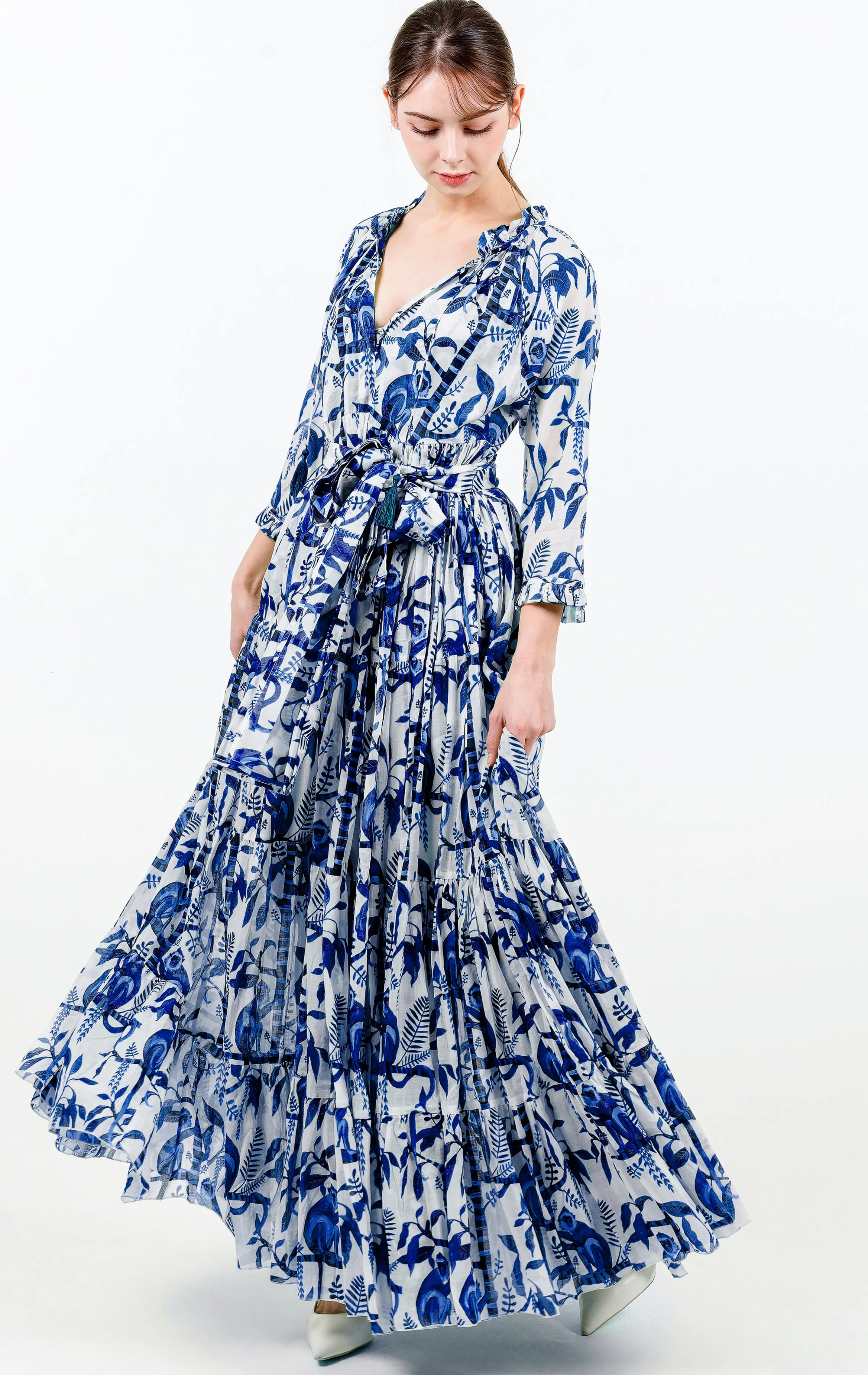 Eden Dress Crew Neck 3/4 Sleeve with Hamilton Belt Maxi Length Cotton Musola (Botanical Monkey)