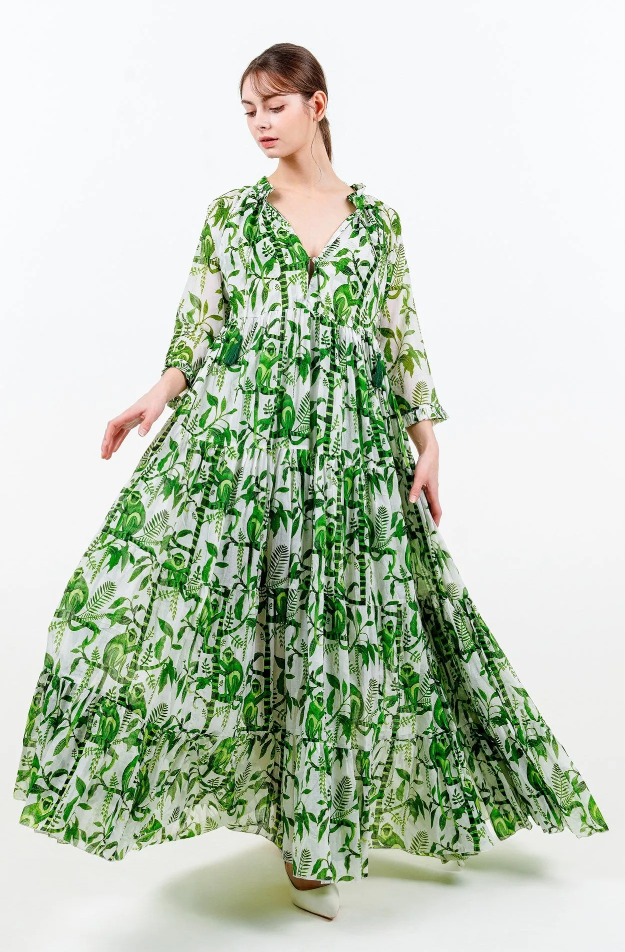 Eden Dress Crew Neck 3/4 Sleeve with Hamilton Belt Maxi Length Cotton Musola (Botanical Monkey)