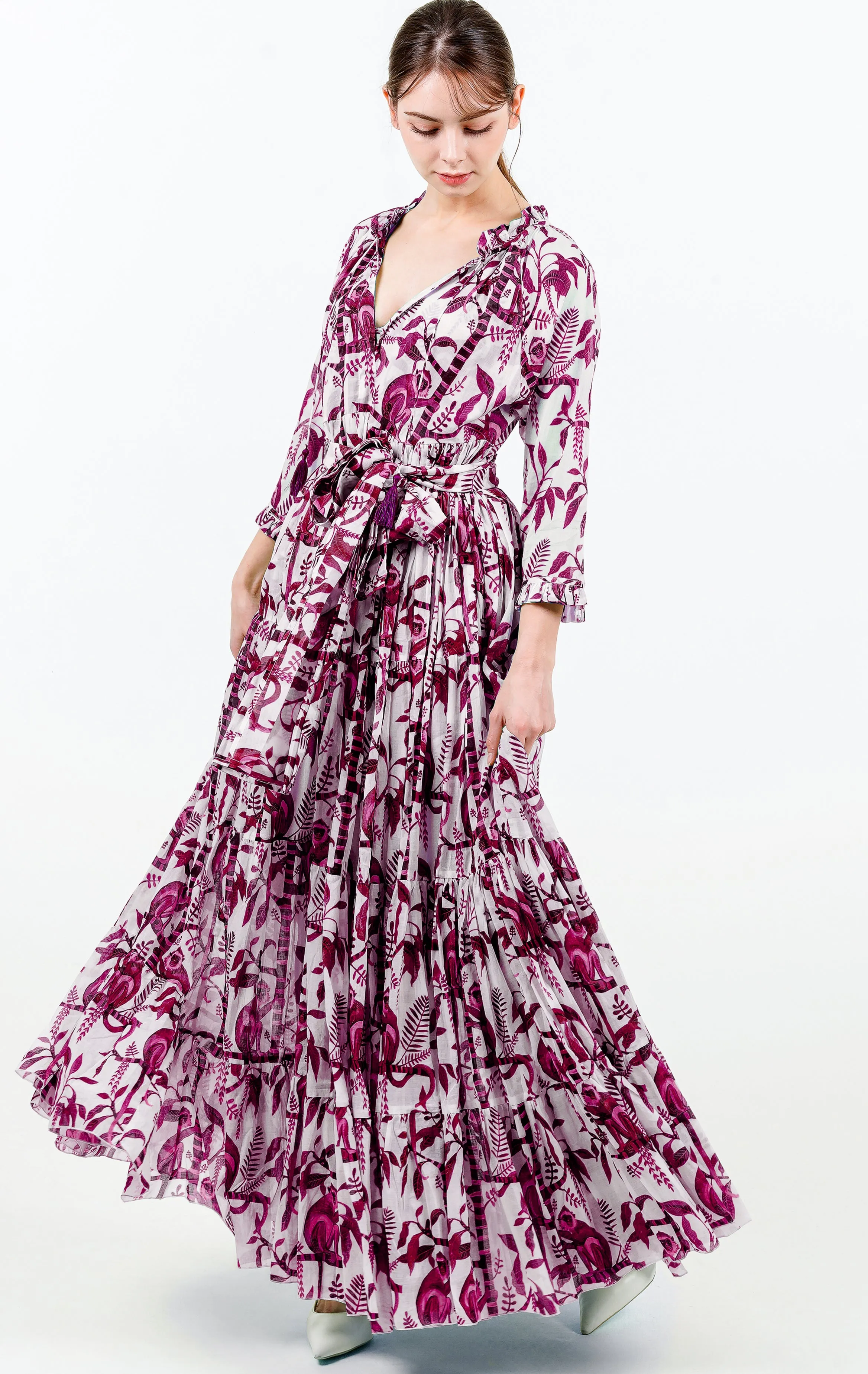 Eden Dress Crew Neck 3/4 Sleeve with Hamilton Belt Maxi Length Cotton Musola (Botanical Monkey)