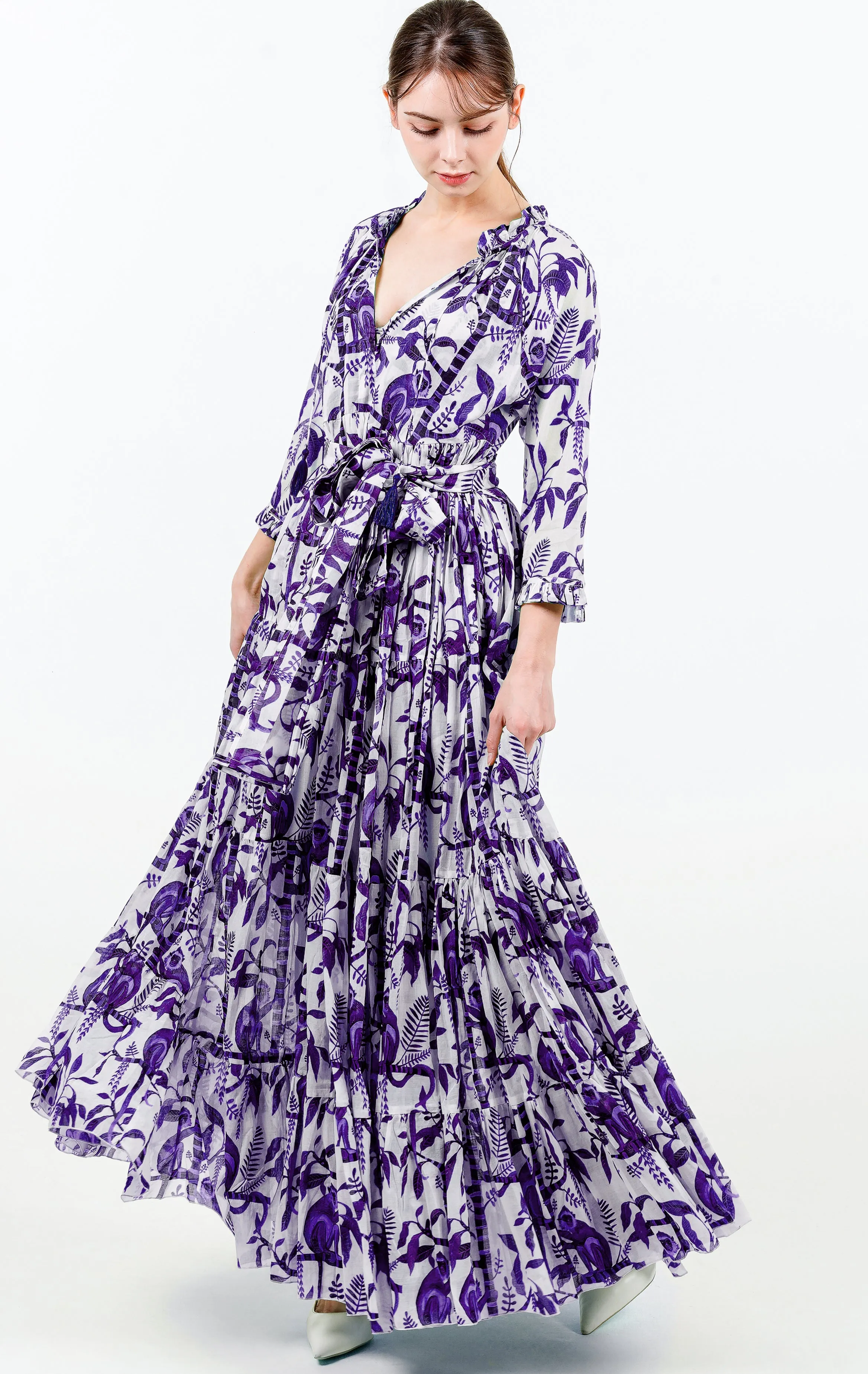 Eden Dress Crew Neck 3/4 Sleeve with Hamilton Belt Maxi Length Cotton Musola (Botanical Monkey)