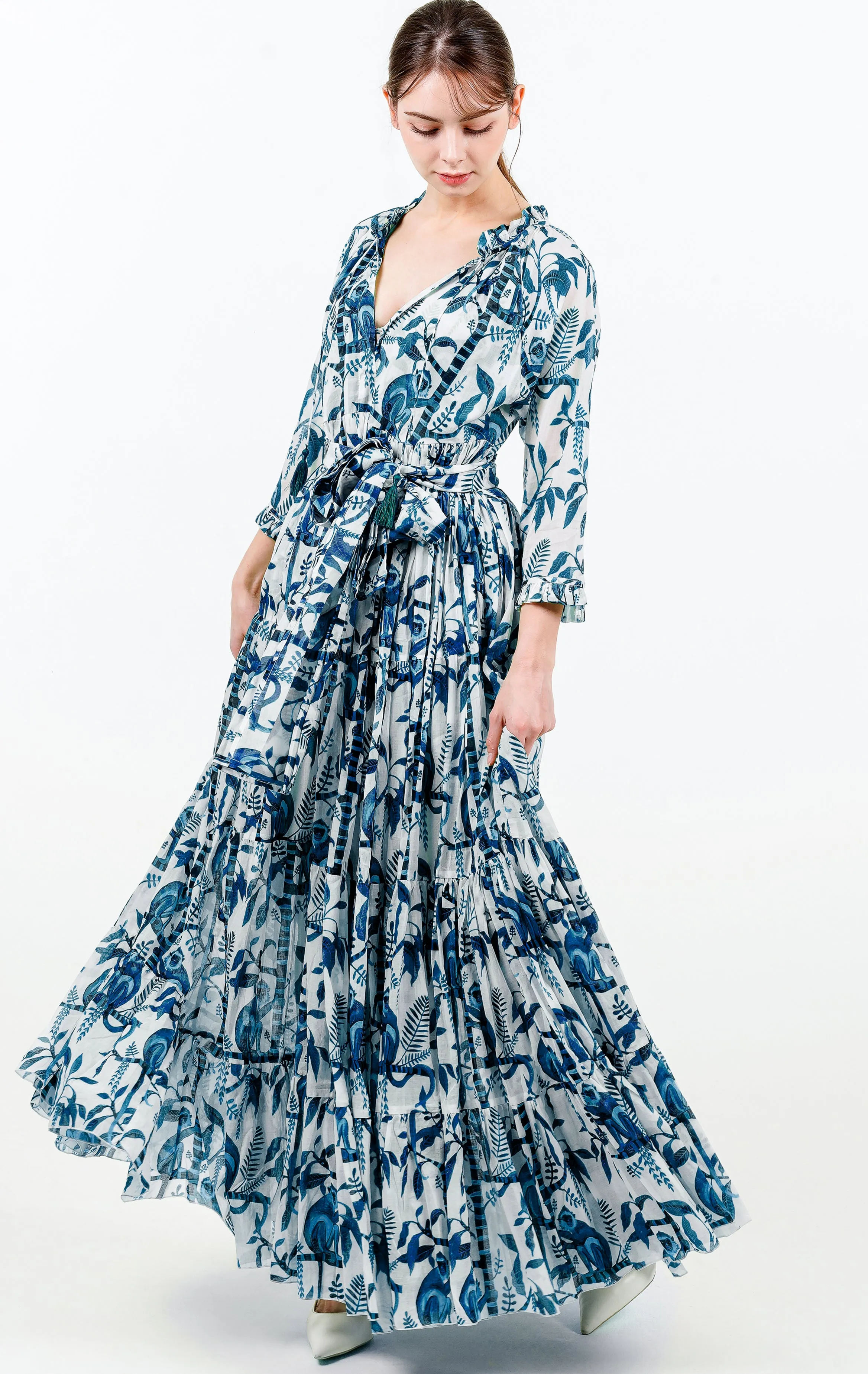 Eden Dress Crew Neck 3/4 Sleeve with Hamilton Belt Maxi Length Cotton Musola (Botanical Monkey)