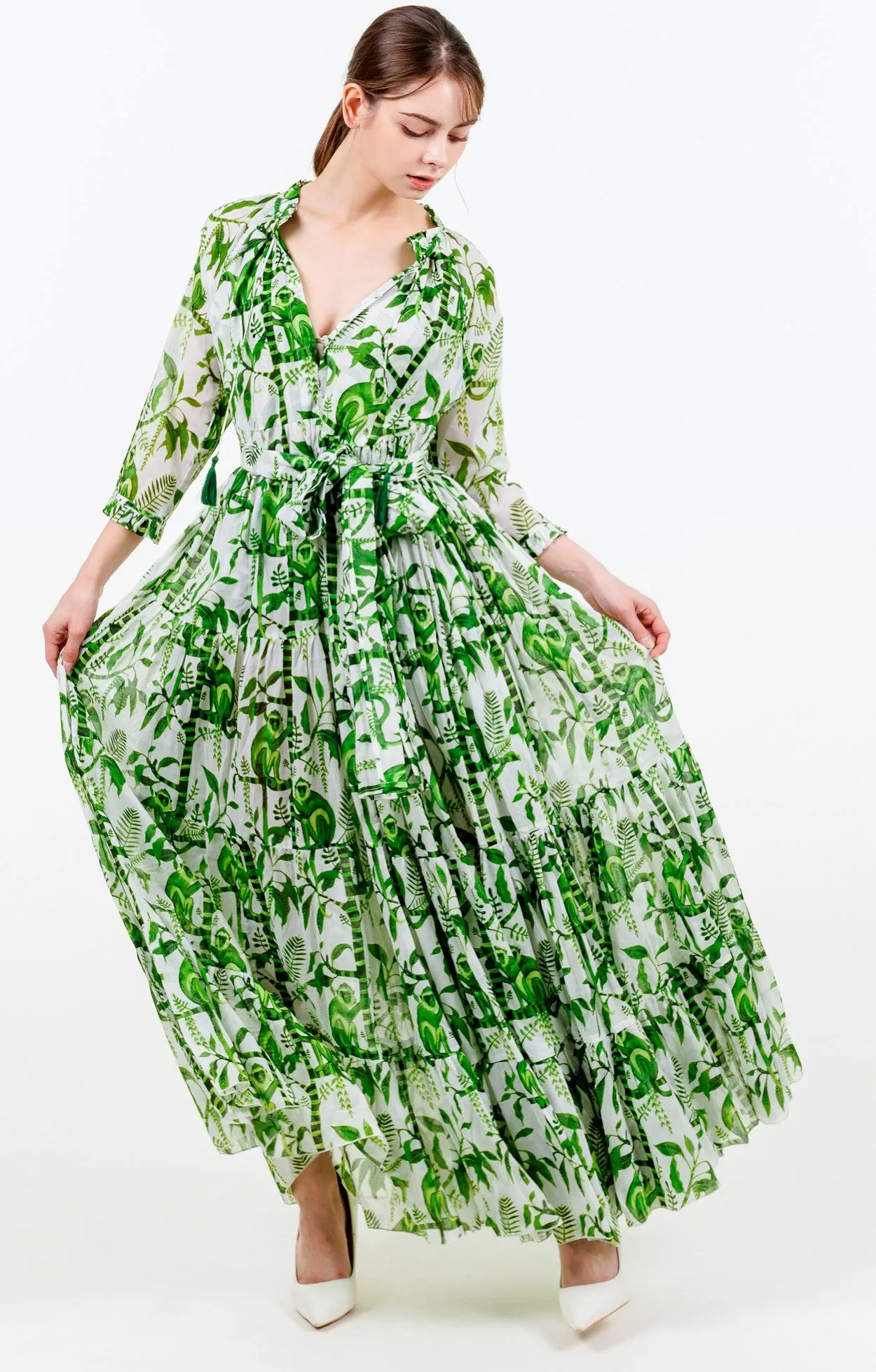 Eden Dress Crew Neck 3/4 Sleeve with Hamilton Belt Maxi Length Cotton Musola (Botanical Monkey)