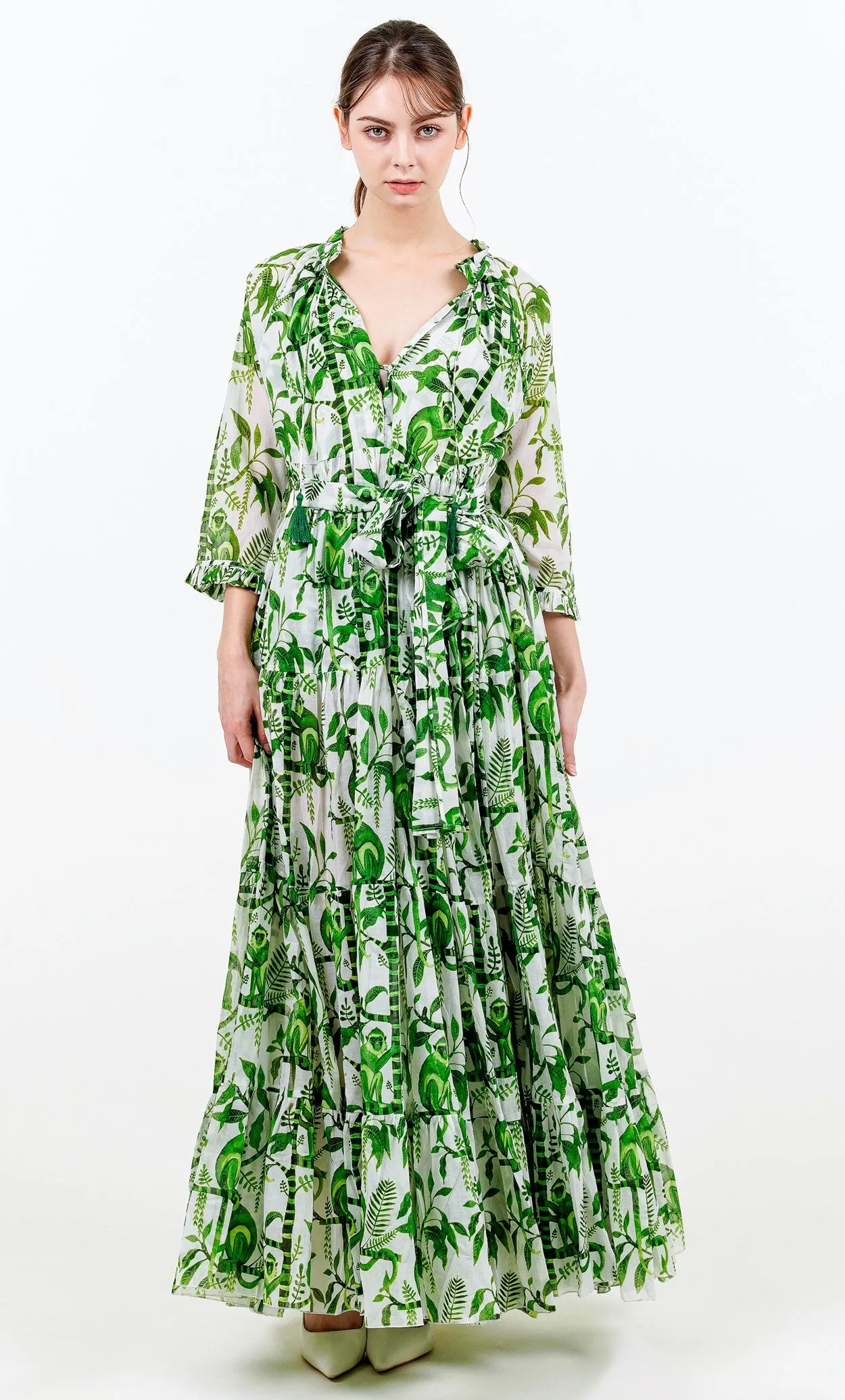 Eden Dress Crew Neck 3/4 Sleeve with Hamilton Belt Maxi Length Cotton Musola (Botanical Monkey)