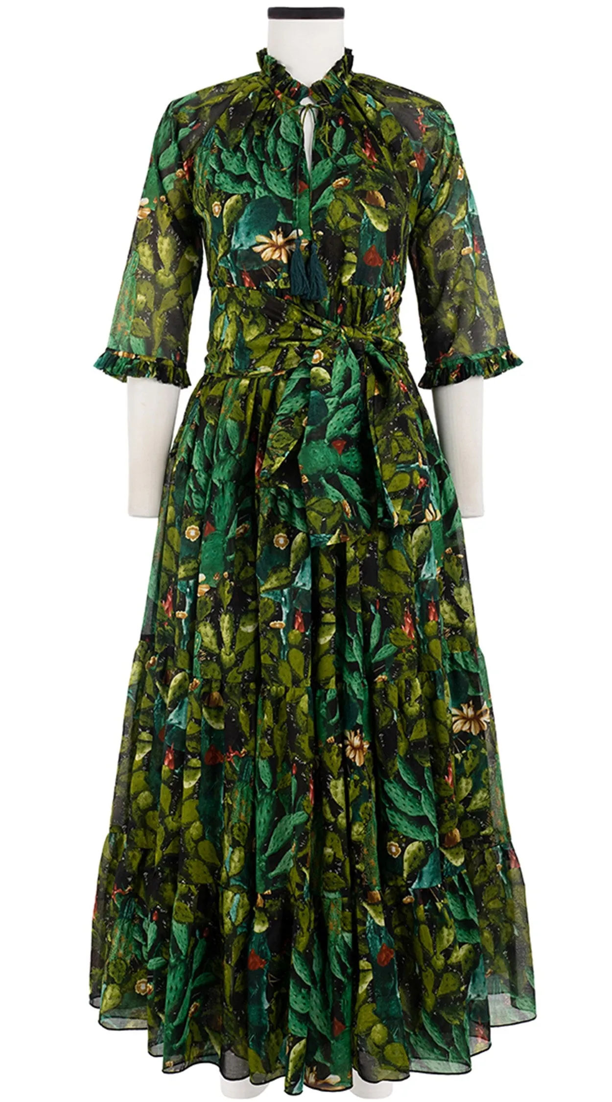 Eden Dress Crew Neck 3/4 Sleeve with Hamilton Belt Maxi Length Cotton Musola (Cactus Paradise Bright)