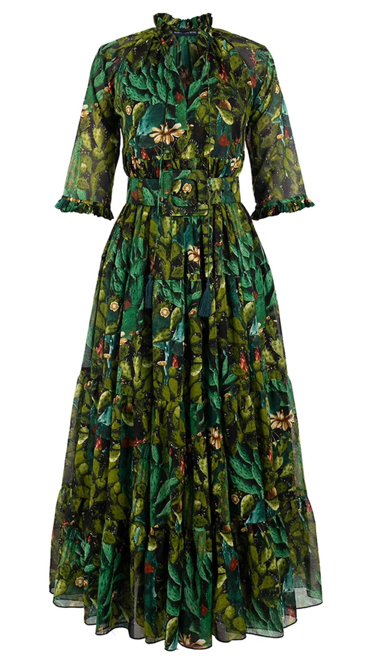 Eden Dress Crew Neck 3/4 Sleeve with Hamilton Belt Maxi Length Cotton Musola (Cactus Paradise Bright)