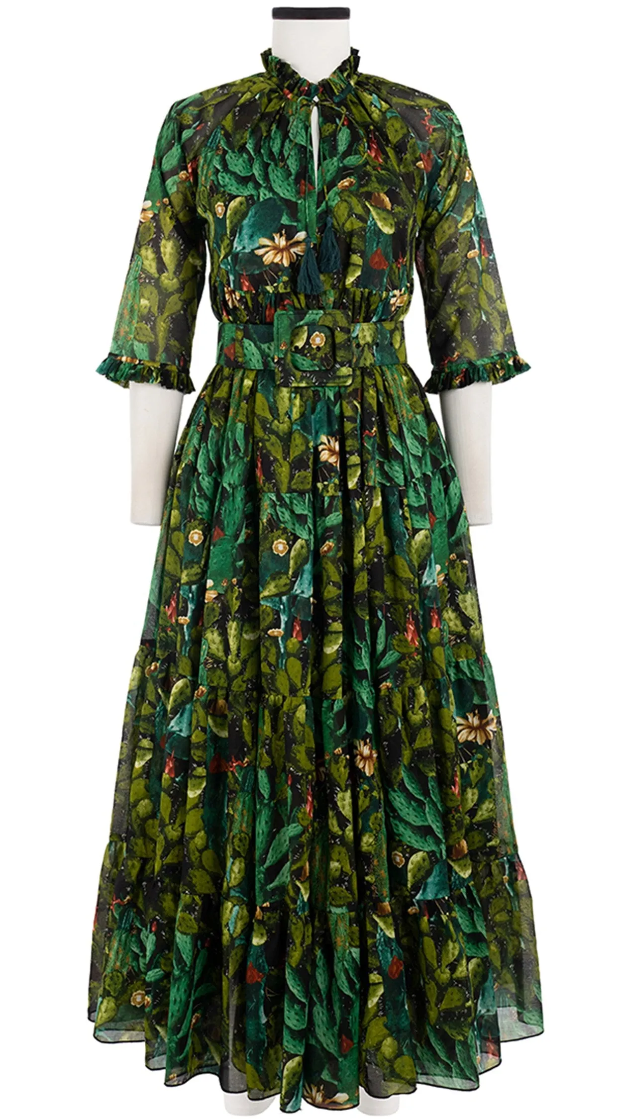Eden Dress Crew Neck 3/4 Sleeve with Hamilton Belt Maxi Length Cotton Musola (Cactus Paradise Bright)