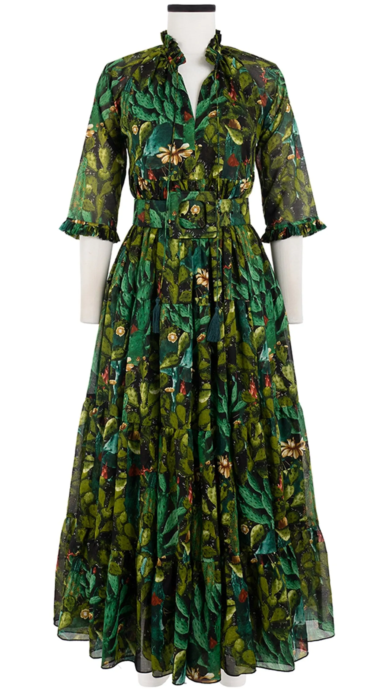 Eden Dress Crew Neck 3/4 Sleeve with Hamilton Belt Maxi Length Cotton Musola (Cactus Paradise Bright)