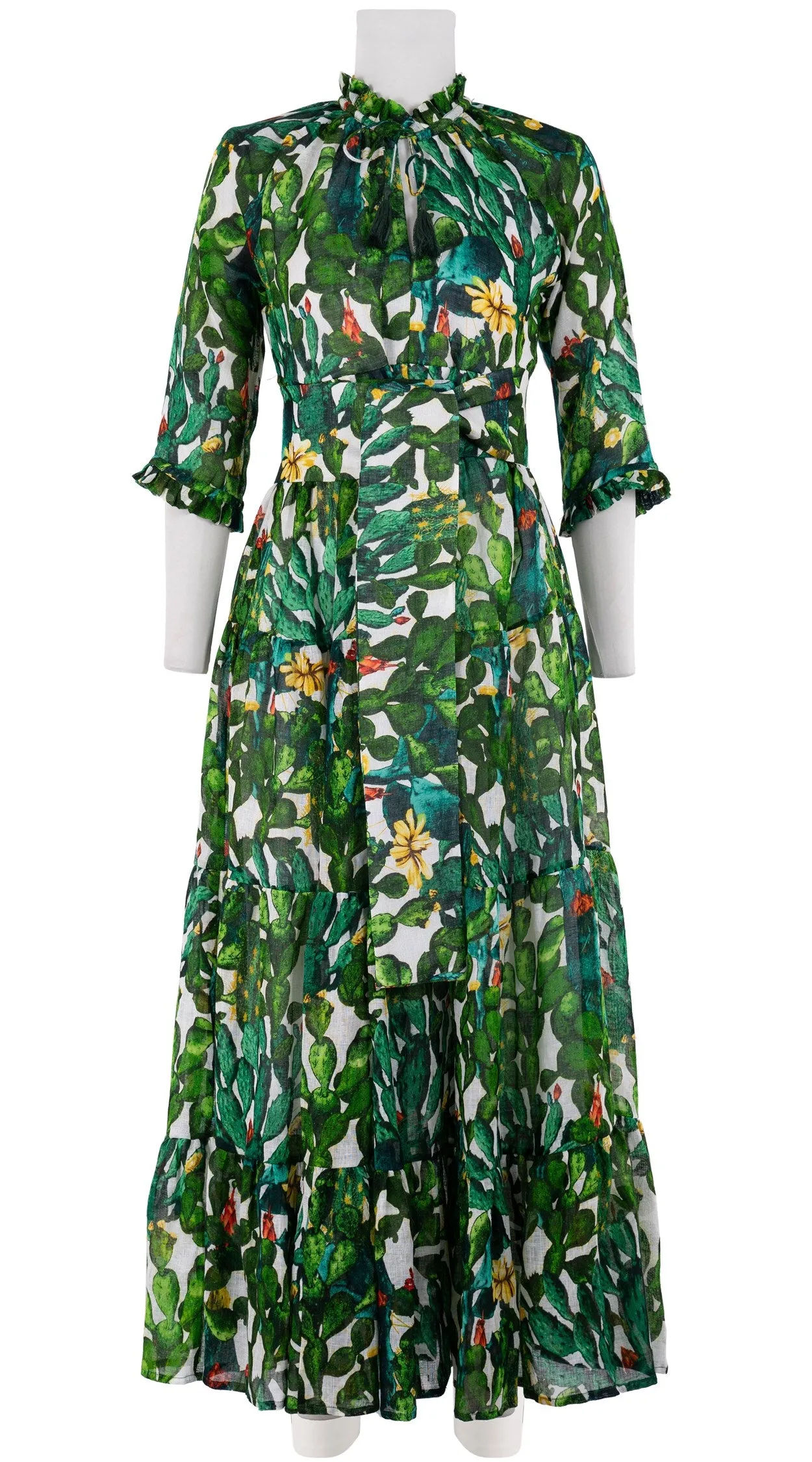 Eden Dress Crew Neck 3/4 Sleeve with Hamilton Belt Maxi Length Linen (Cactus Paradise Bright)