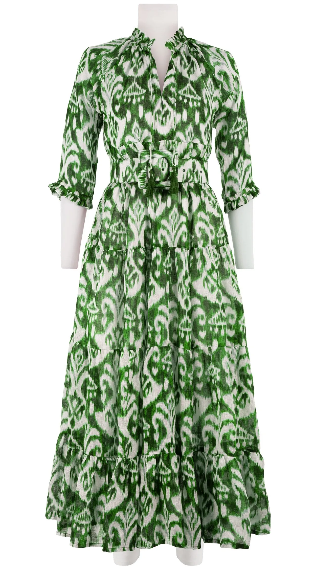 Eden Dress Crew Neck 3/4 Sleeve with Hamilton Belt Maxi Length Linen (Ikat Marine)