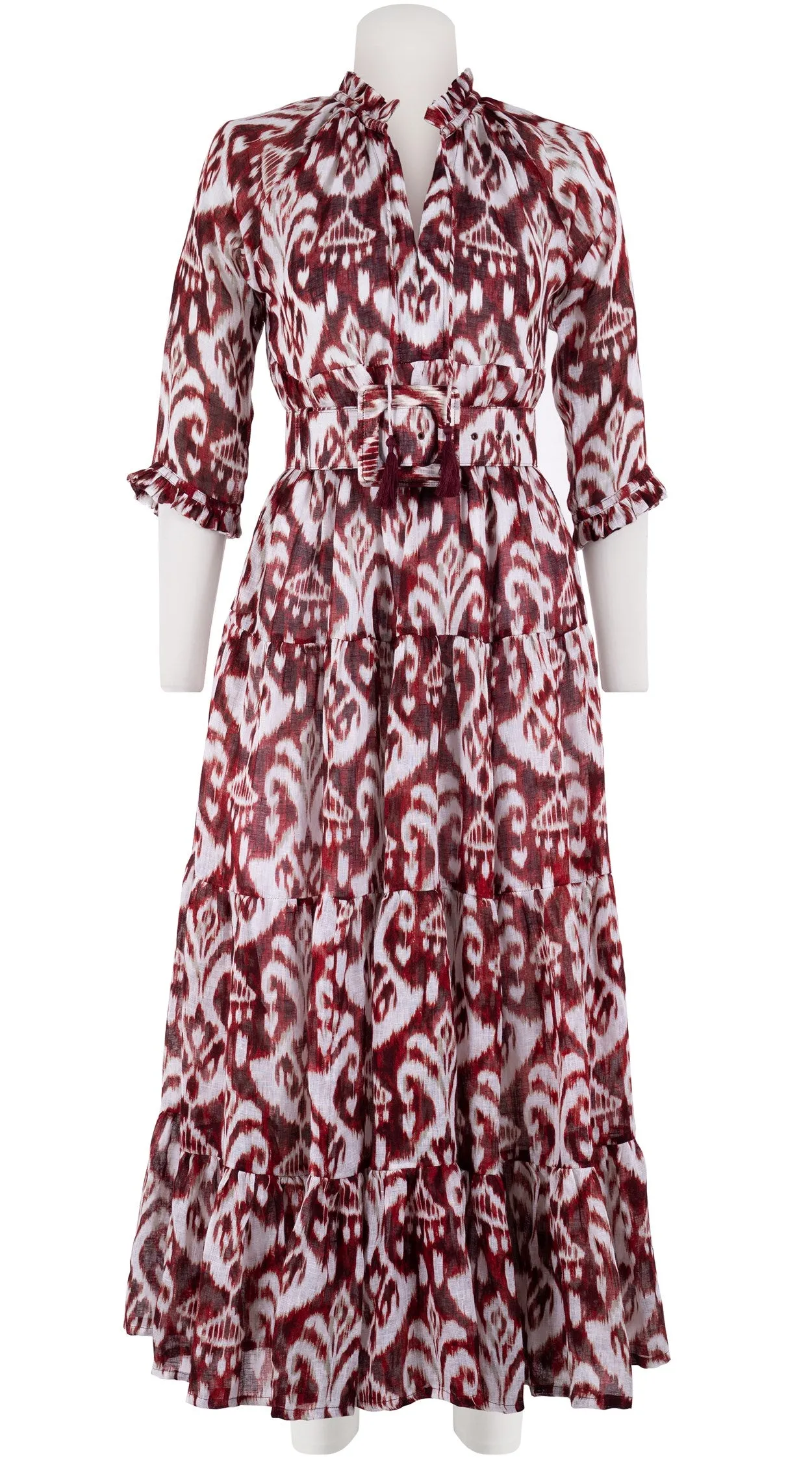 Eden Dress Crew Neck 3/4 Sleeve with Hamilton Belt Maxi Length Linen (Ikat Marine)