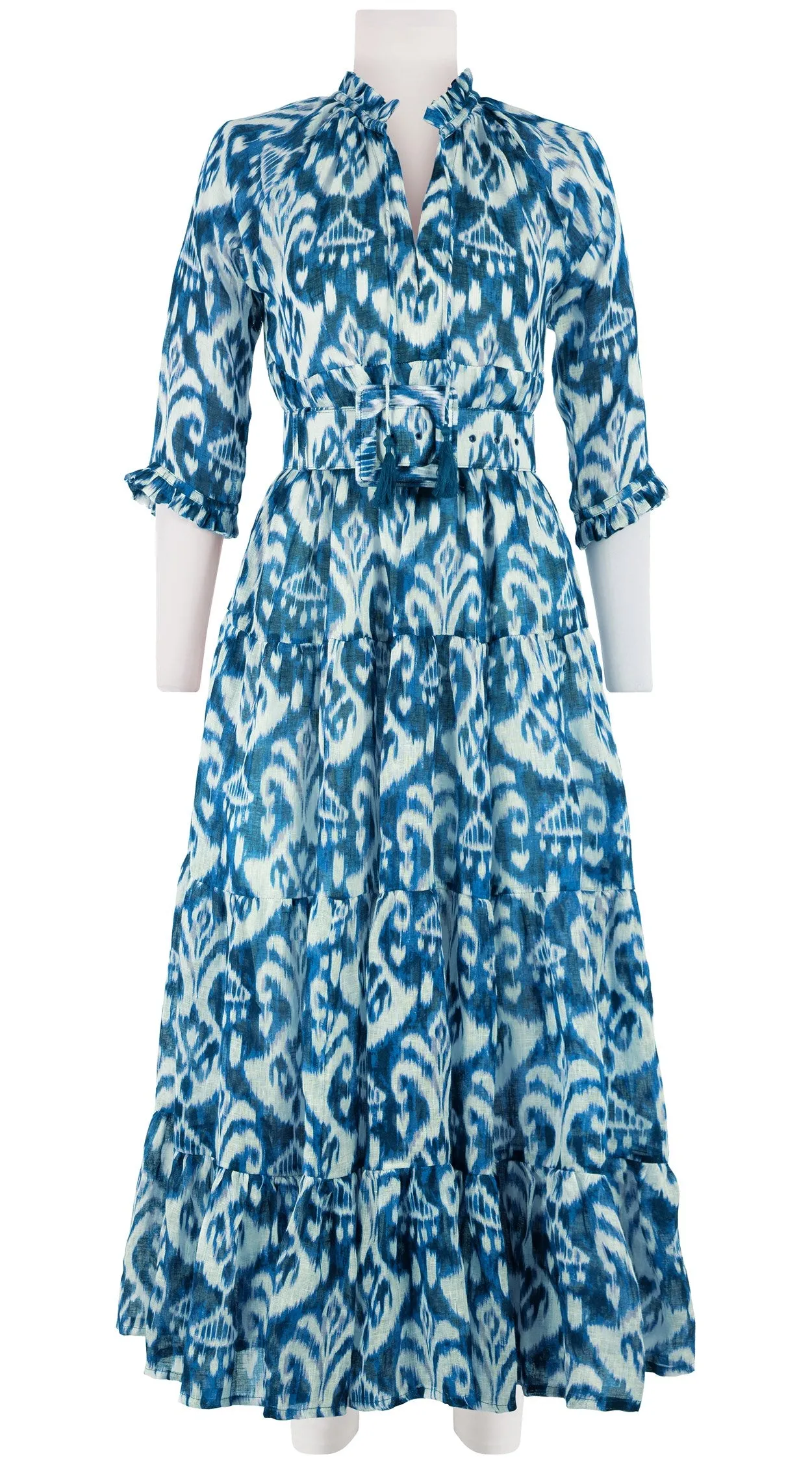 Eden Dress Crew Neck 3/4 Sleeve with Hamilton Belt Maxi Length Linen (Ikat Marine)