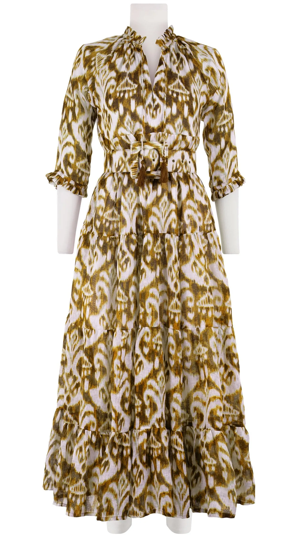 Eden Dress Crew Neck 3/4 Sleeve with Hamilton Belt Maxi Length Linen (Ikat Marine)