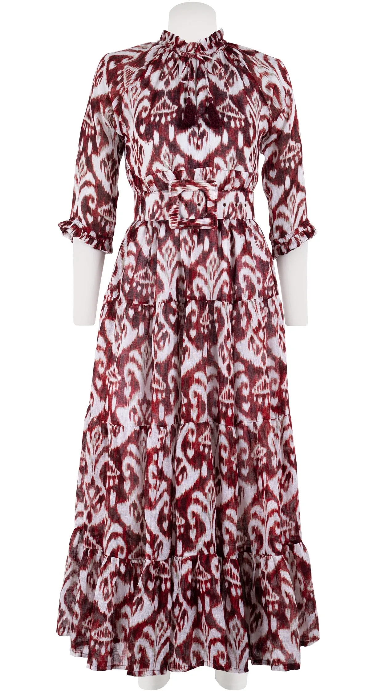 Eden Dress Crew Neck 3/4 Sleeve with Hamilton Belt Maxi Length Linen (Ikat Marine)