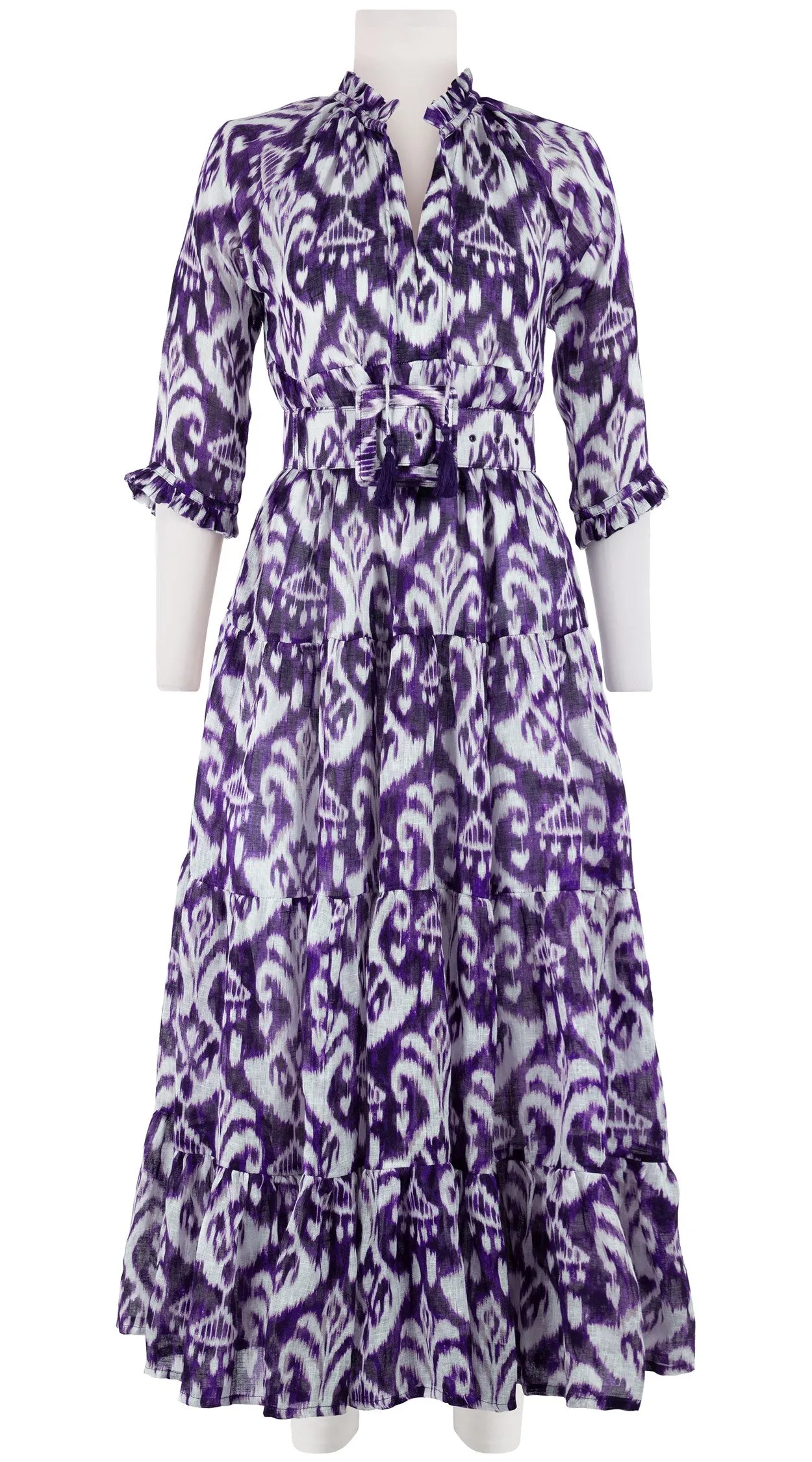 Eden Dress Crew Neck 3/4 Sleeve with Hamilton Belt Maxi Length Linen (Ikat Marine)