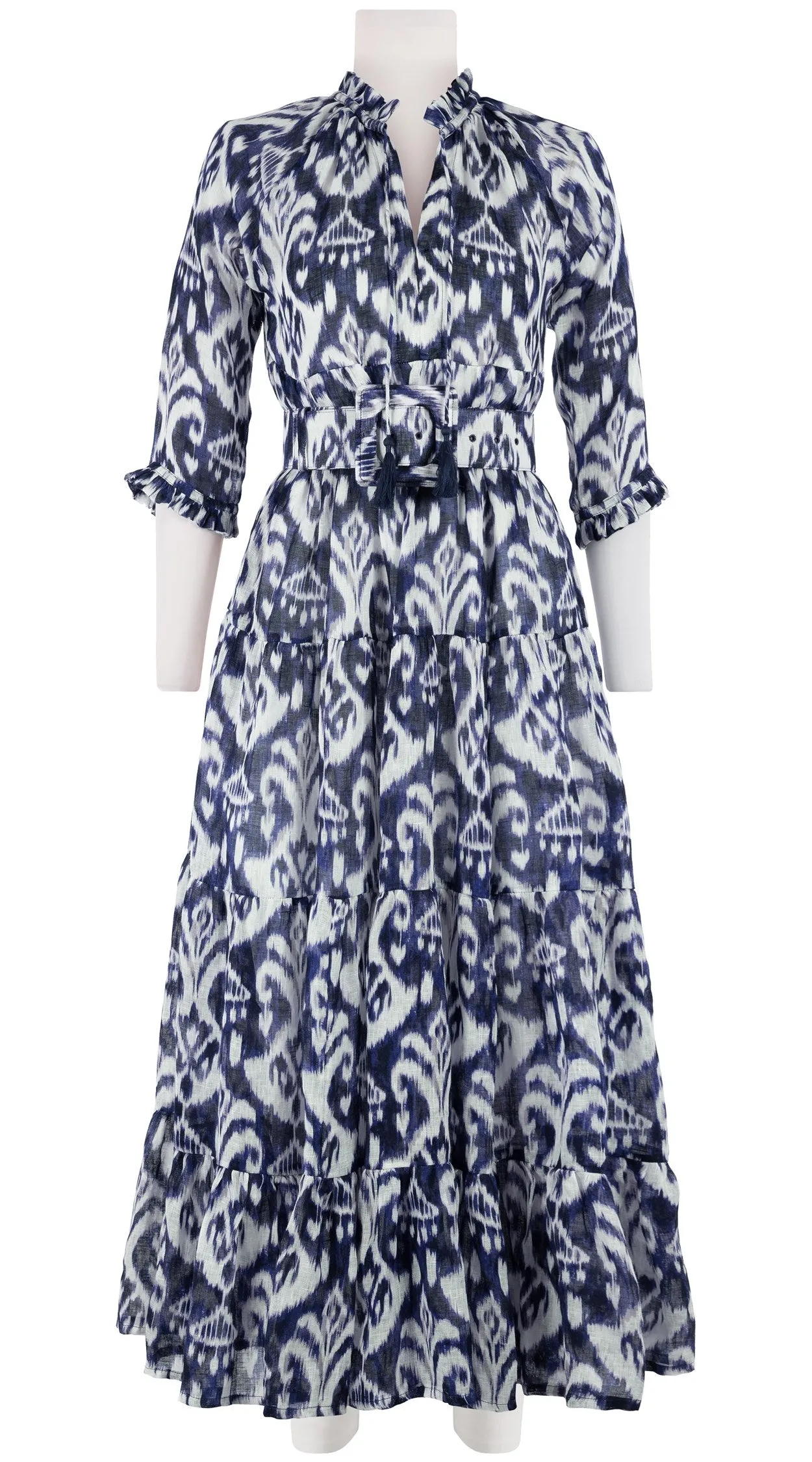 Eden Dress Crew Neck 3/4 Sleeve with Hamilton Belt Maxi Length Linen (Ikat Marine)