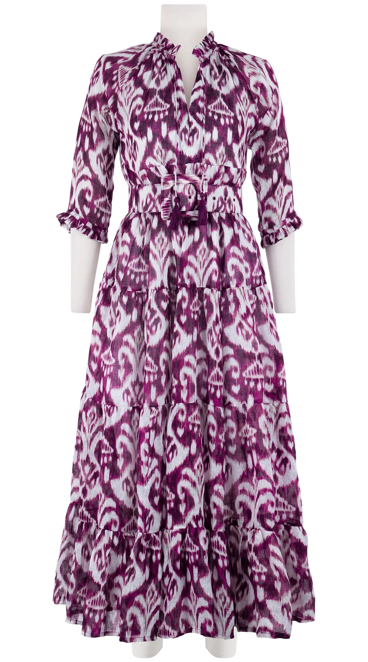 Eden Dress Crew Neck 3/4 Sleeve with Hamilton Belt Maxi Length Linen (Ikat Marine)