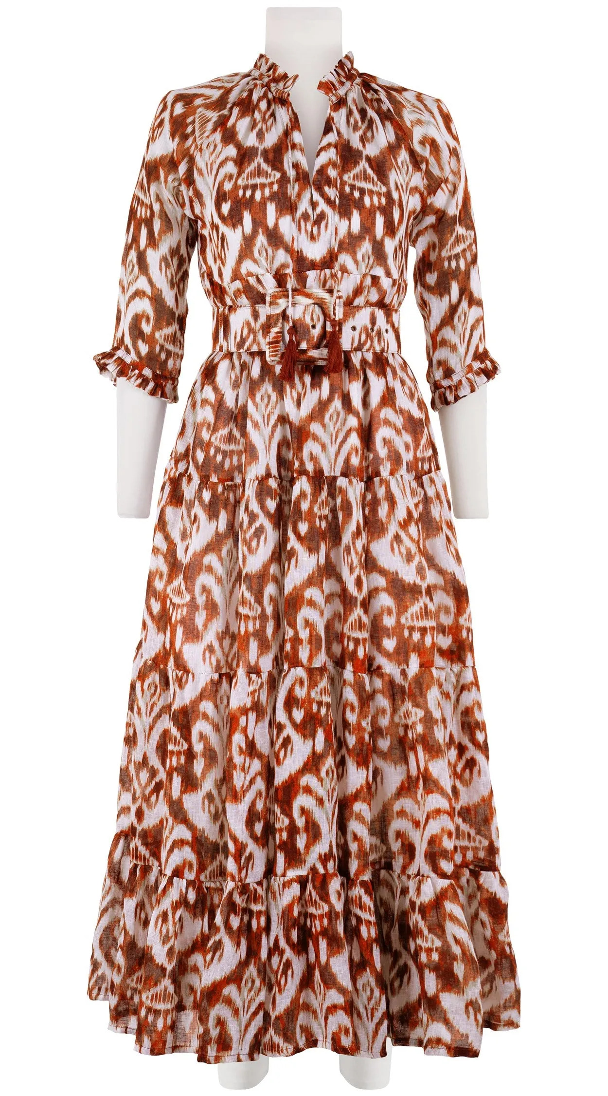 Eden Dress Crew Neck 3/4 Sleeve with Hamilton Belt Maxi Length Linen (Ikat Marine)