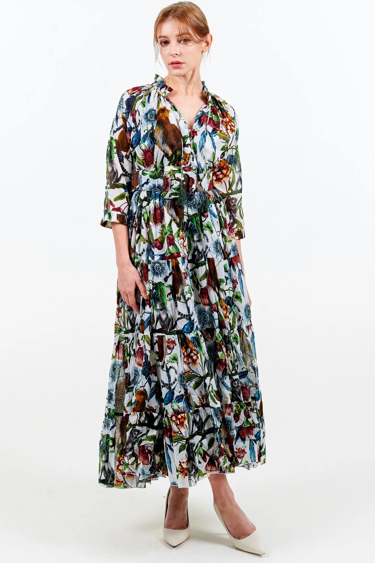 Eden Dress Crew Neck 3/4 Sleeve with Hamilton Belt Maxi Length Linen (Minty Monkey)