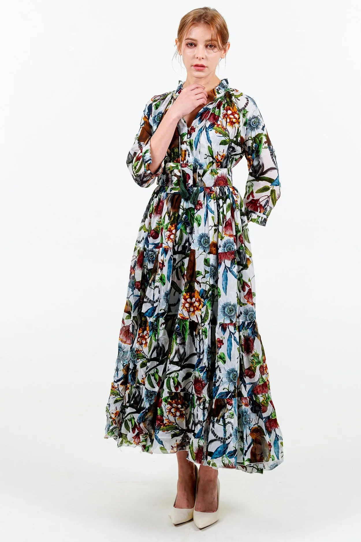 Eden Dress Crew Neck 3/4 Sleeve with Hamilton Belt Maxi Length Linen (Minty Monkey)