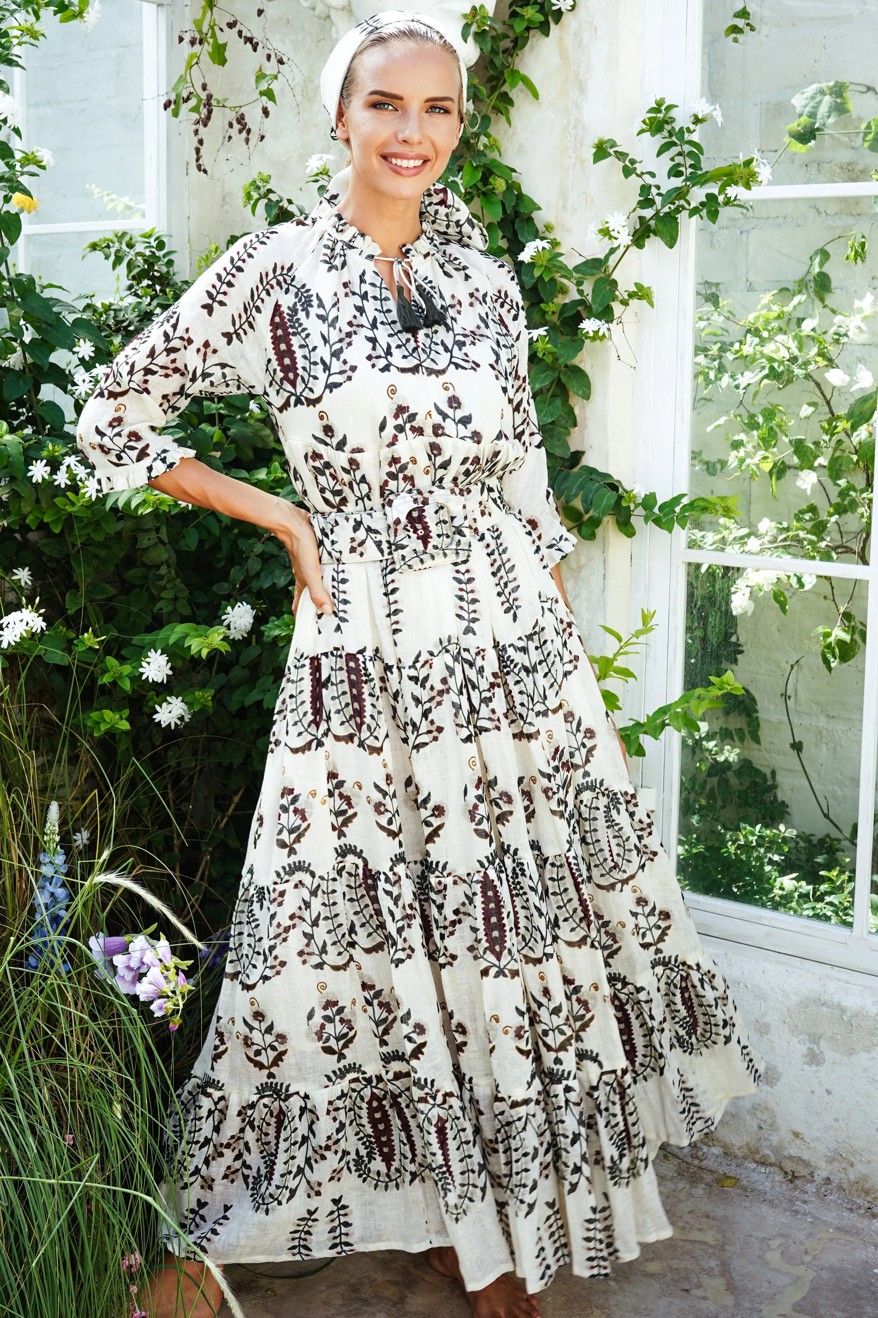 Eden Dress Crew Neck 3/4 Sleeve with Hamilton Belt Maxi Linen (Suzani Ferns)