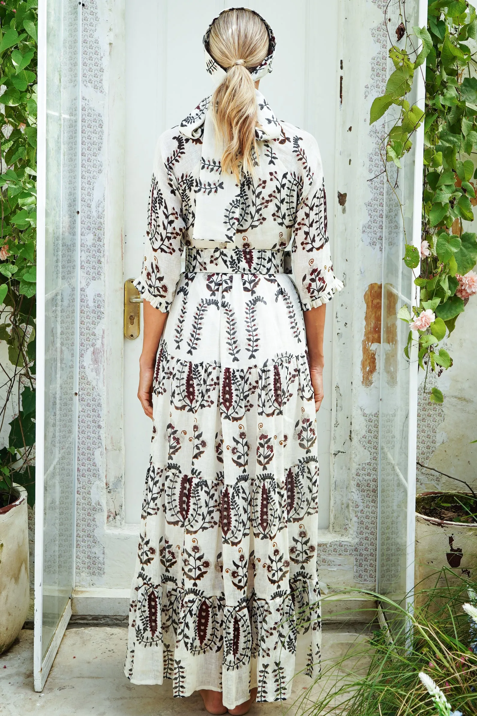 Eden Dress Crew Neck 3/4 Sleeve with Hamilton Belt Maxi Linen (Suzani Ferns)
