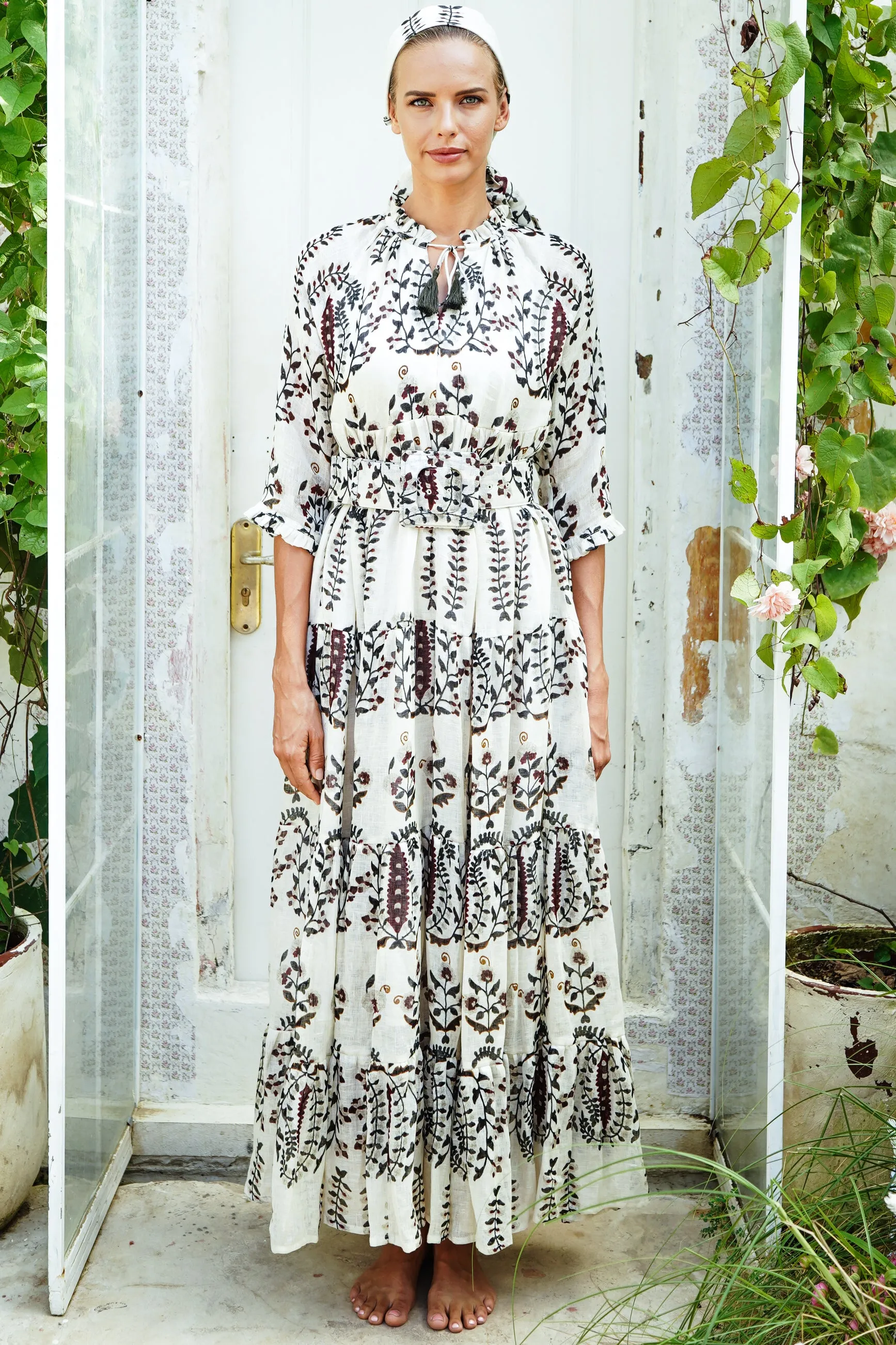 Eden Dress Crew Neck 3/4 Sleeve with Hamilton Belt Maxi Linen (Suzani Ferns)