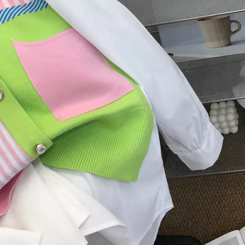 Fake 2Pcs Bright Colour Patchwork Shirt&Cardigan