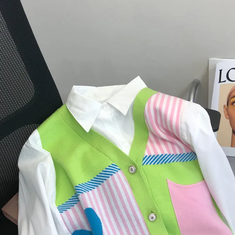 Fake 2Pcs Bright Colour Patchwork Shirt&Cardigan