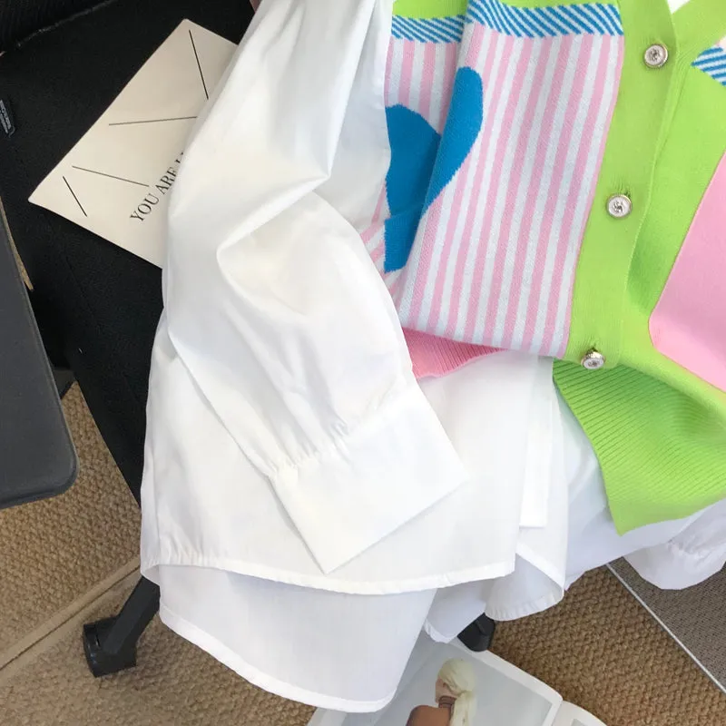 Fake 2Pcs Bright Colour Patchwork Shirt&Cardigan