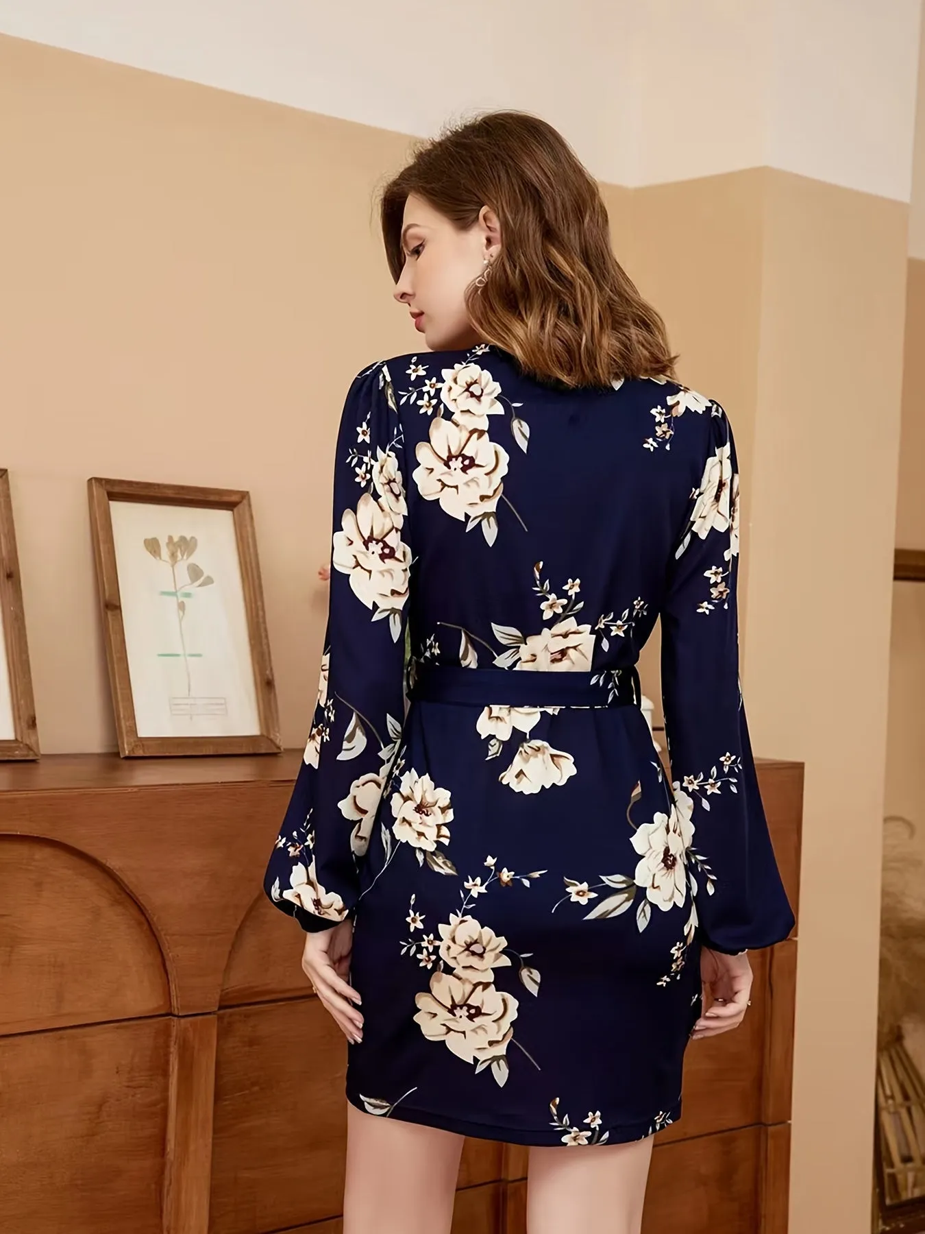 Floral Print V Neck Belted Elegant Dress, Long Sleeve Vacation Every Day Dress, Women's Clothing