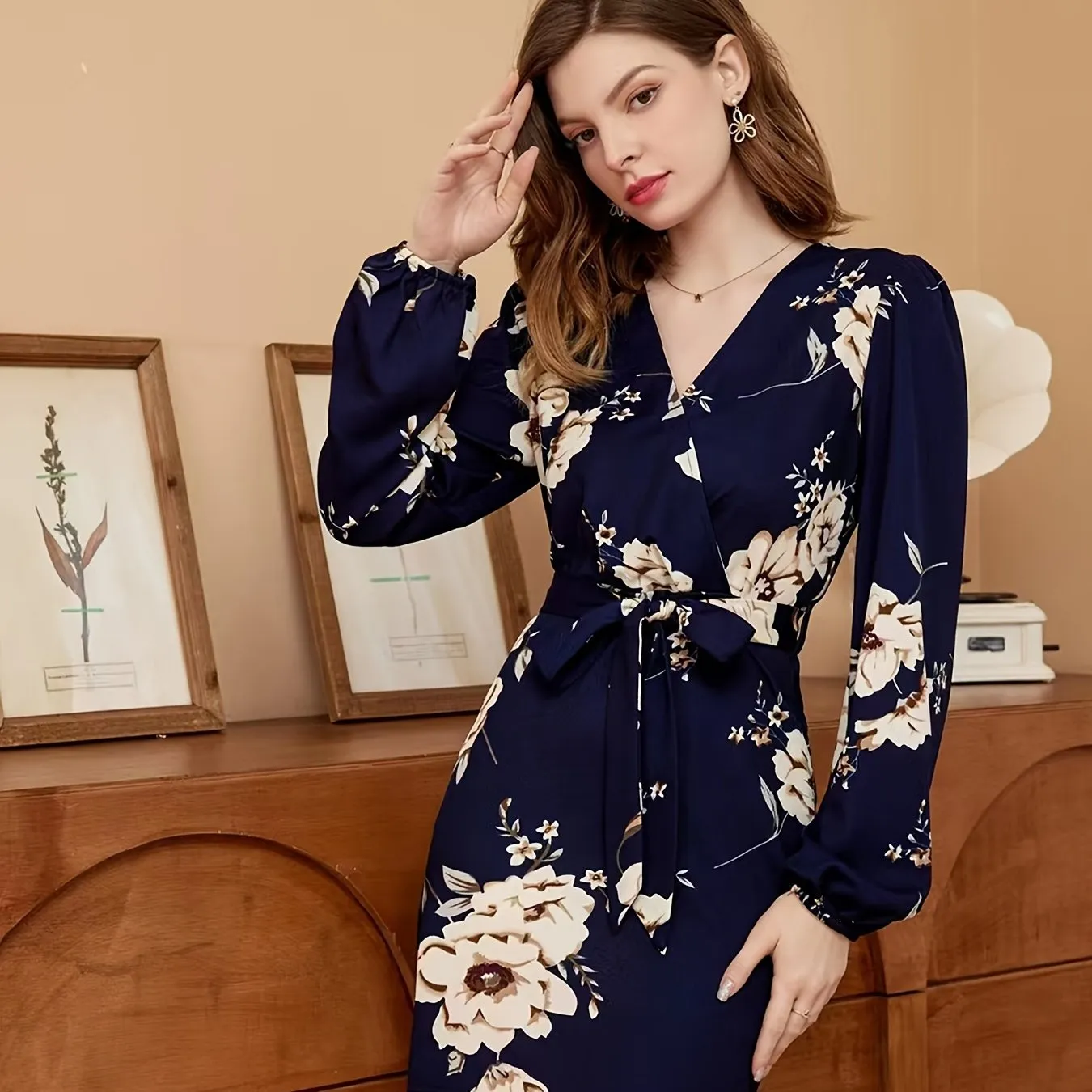 Floral Print V Neck Belted Elegant Dress, Long Sleeve Vacation Every Day Dress, Women's Clothing