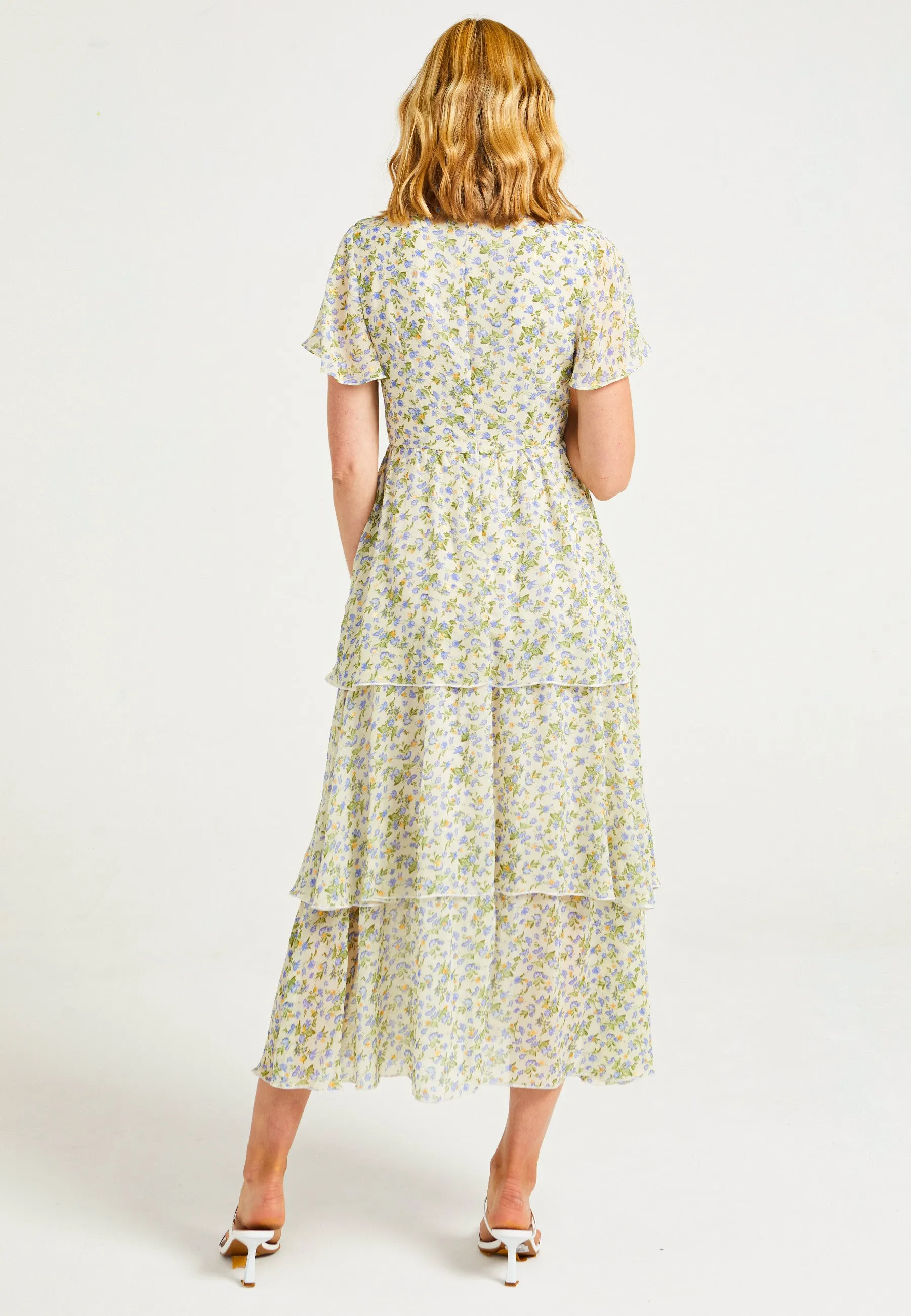Flutter Sleeves Tiered Midaxi Dress in Ditsy Floral Print