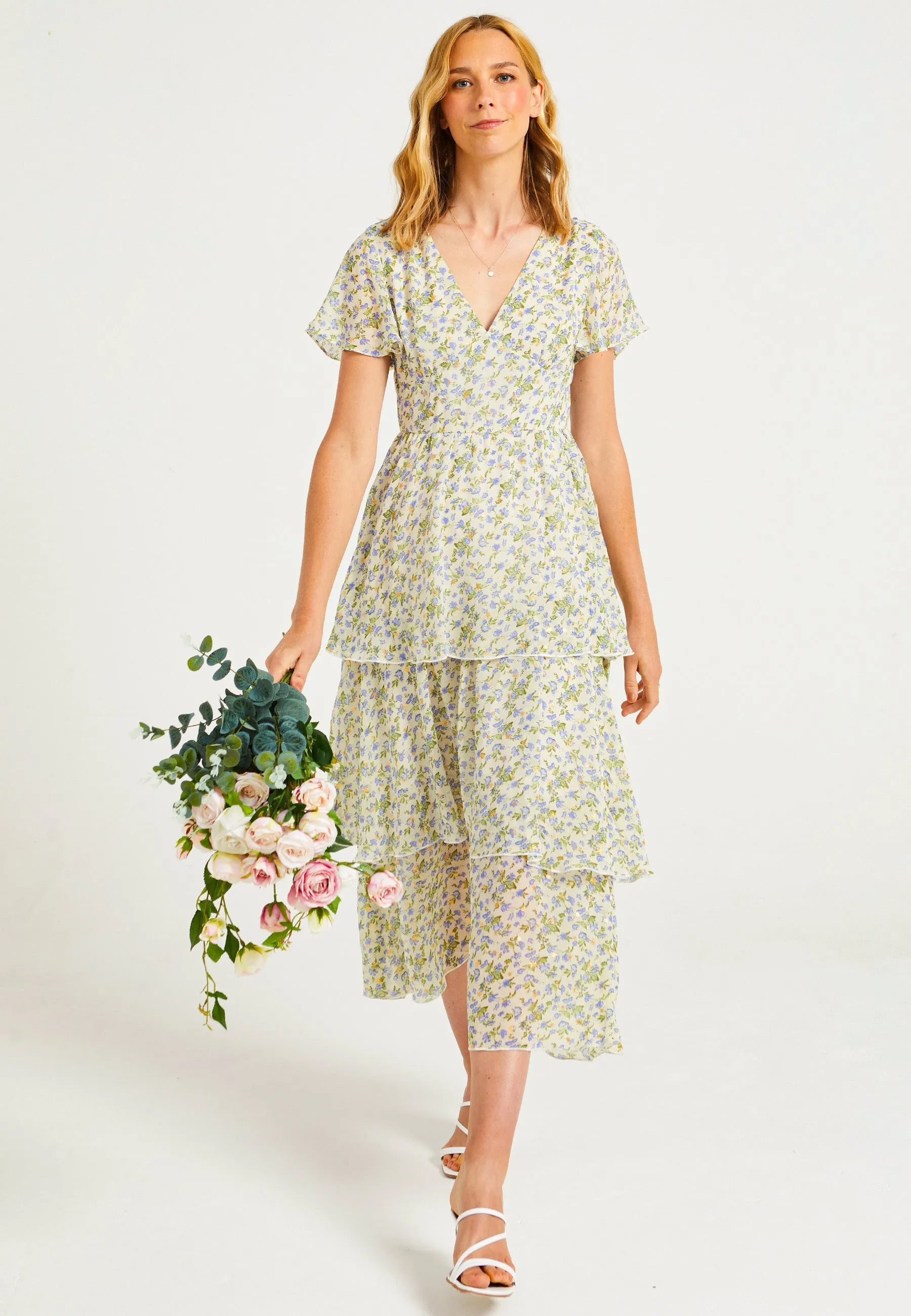 Flutter Sleeves Tiered Midaxi Dress in Ditsy Floral Print