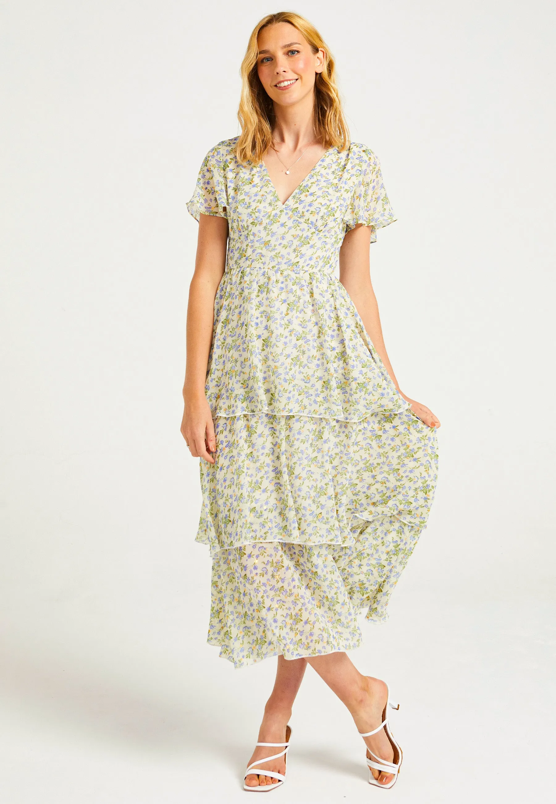 Flutter Sleeves Tiered Midaxi Dress in Ditsy Floral Print