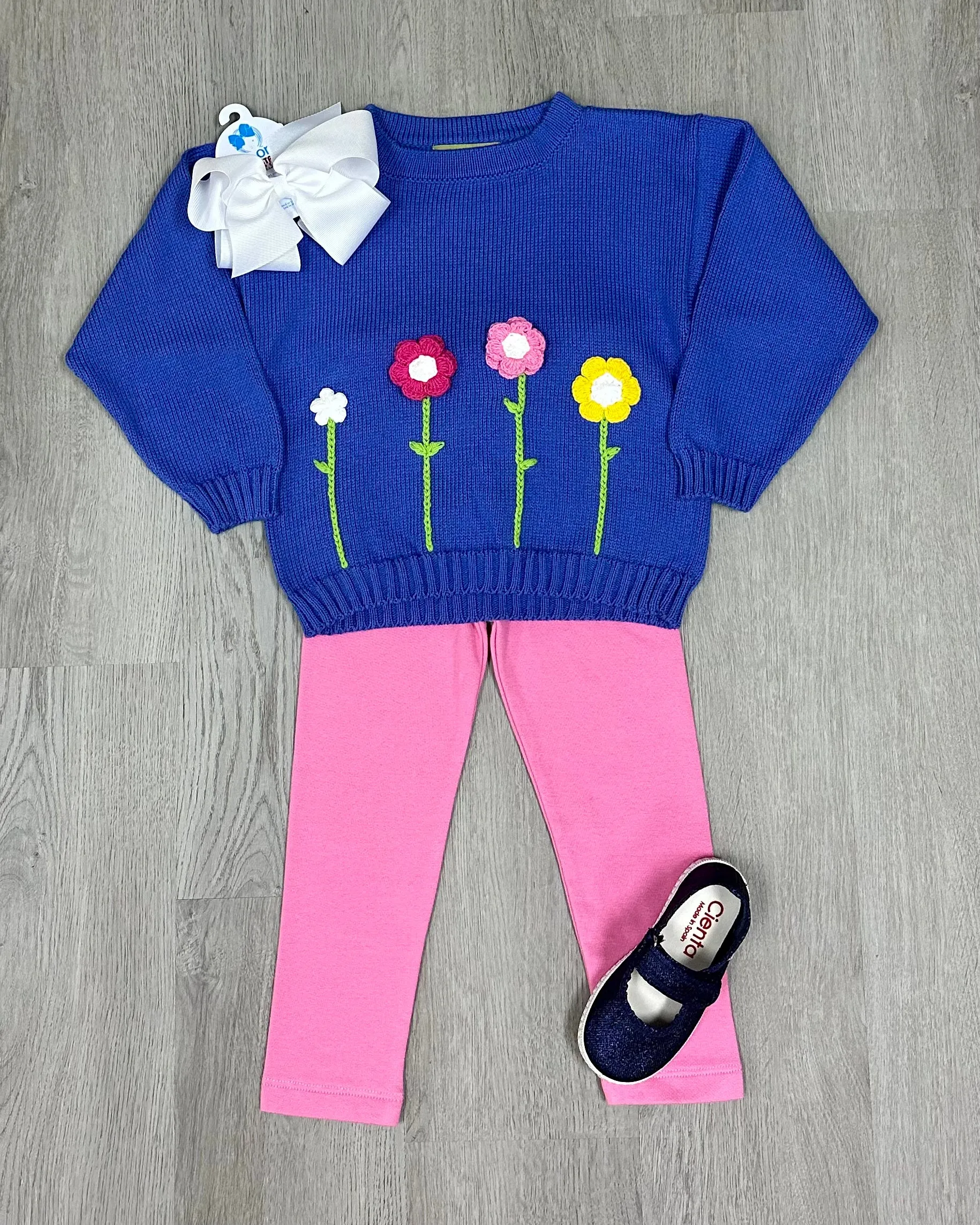 Girls Dk. Chambray Crewneck Sweater Flower Stems