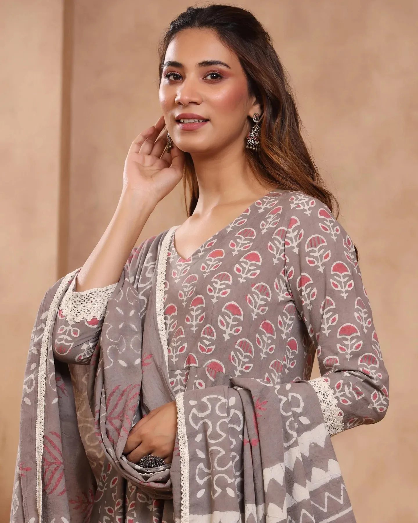 Grey Cotton Printed Anarkali Suit Set with Dupatta