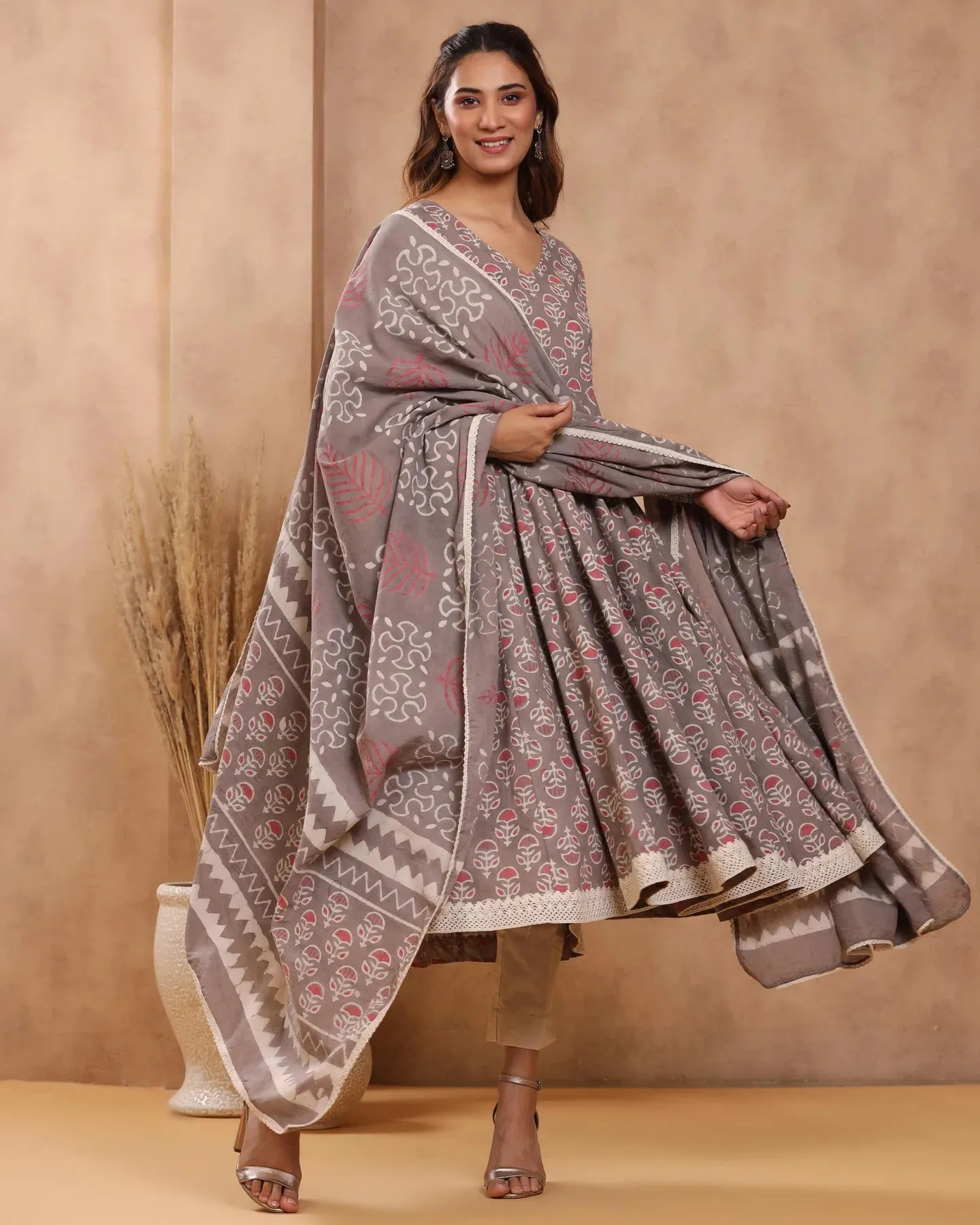 Grey Cotton Printed Anarkali Suit Set with Dupatta