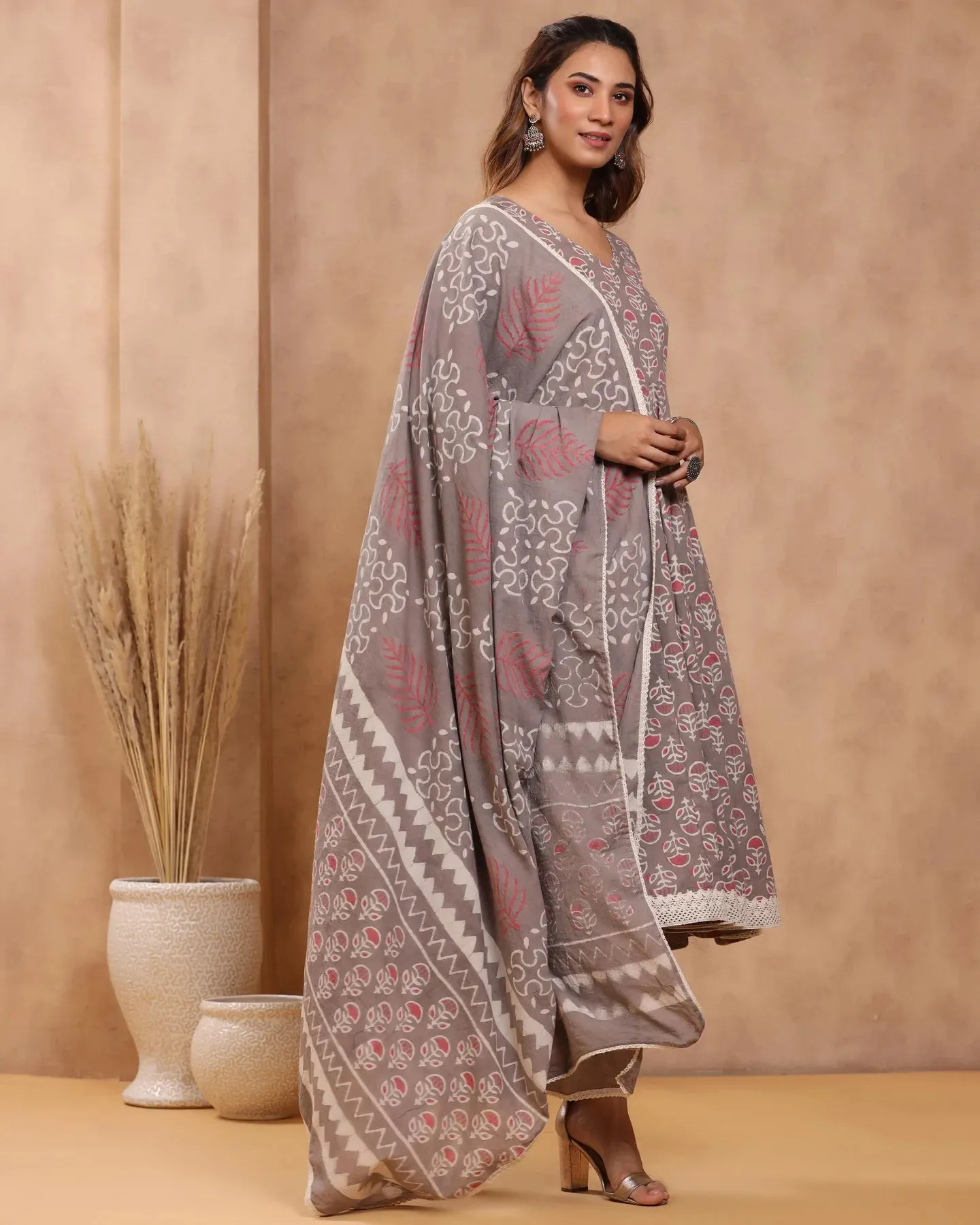 Grey Cotton Printed Anarkali Suit Set with Dupatta