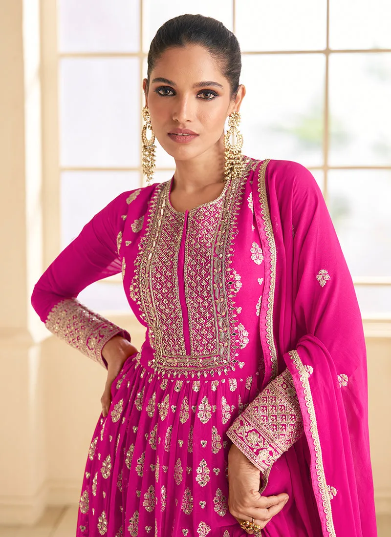 Hot Pink Embroidery Georgette Anarkali Suit