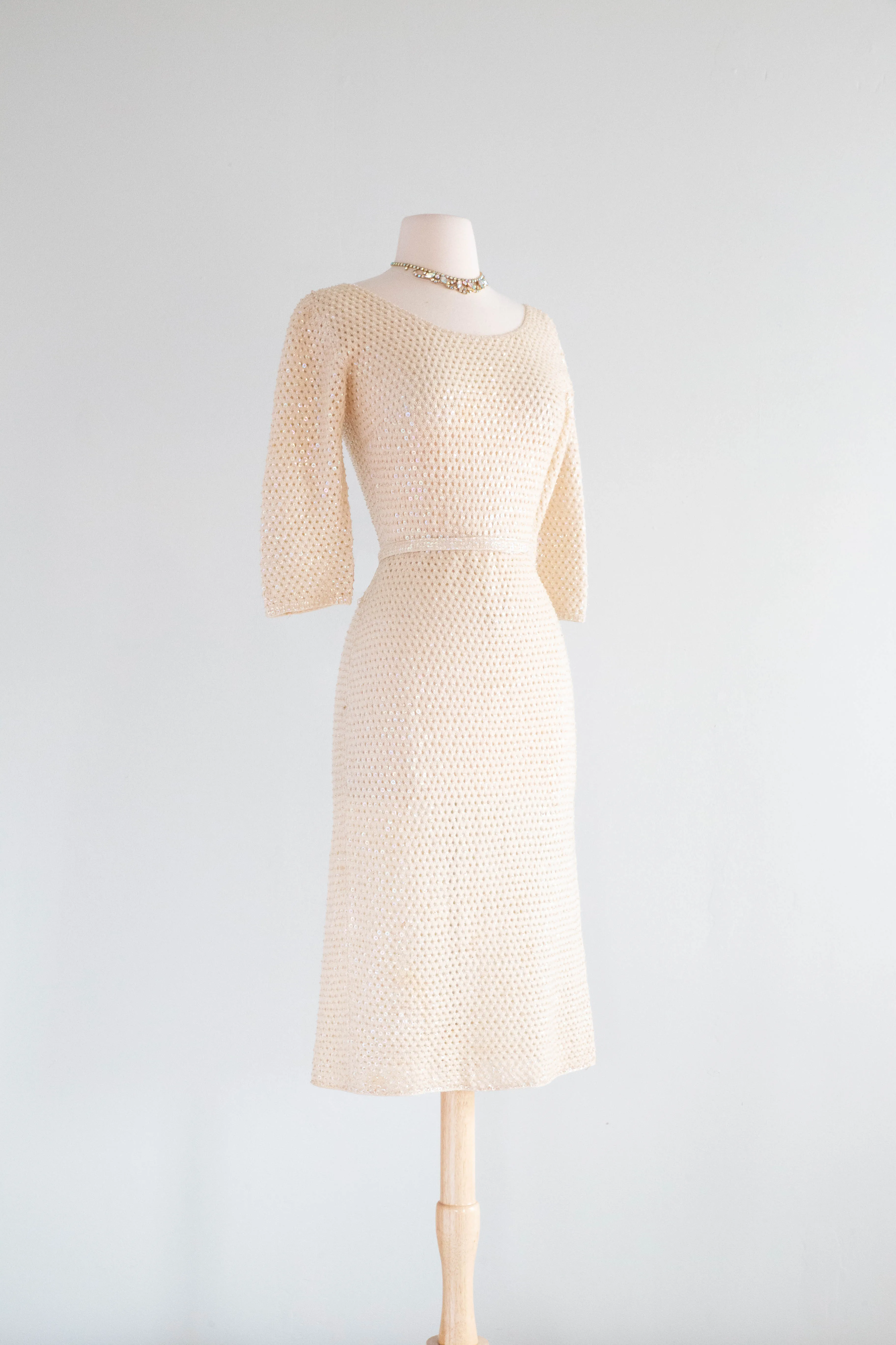 Iconic Late 1950's Ivory Aurora Sequined Knit Wiggle Dress From Hong Kong / SM