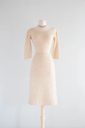 Iconic Late 1950's Ivory Aurora Sequined Knit Wiggle Dress From Hong Kong / SM