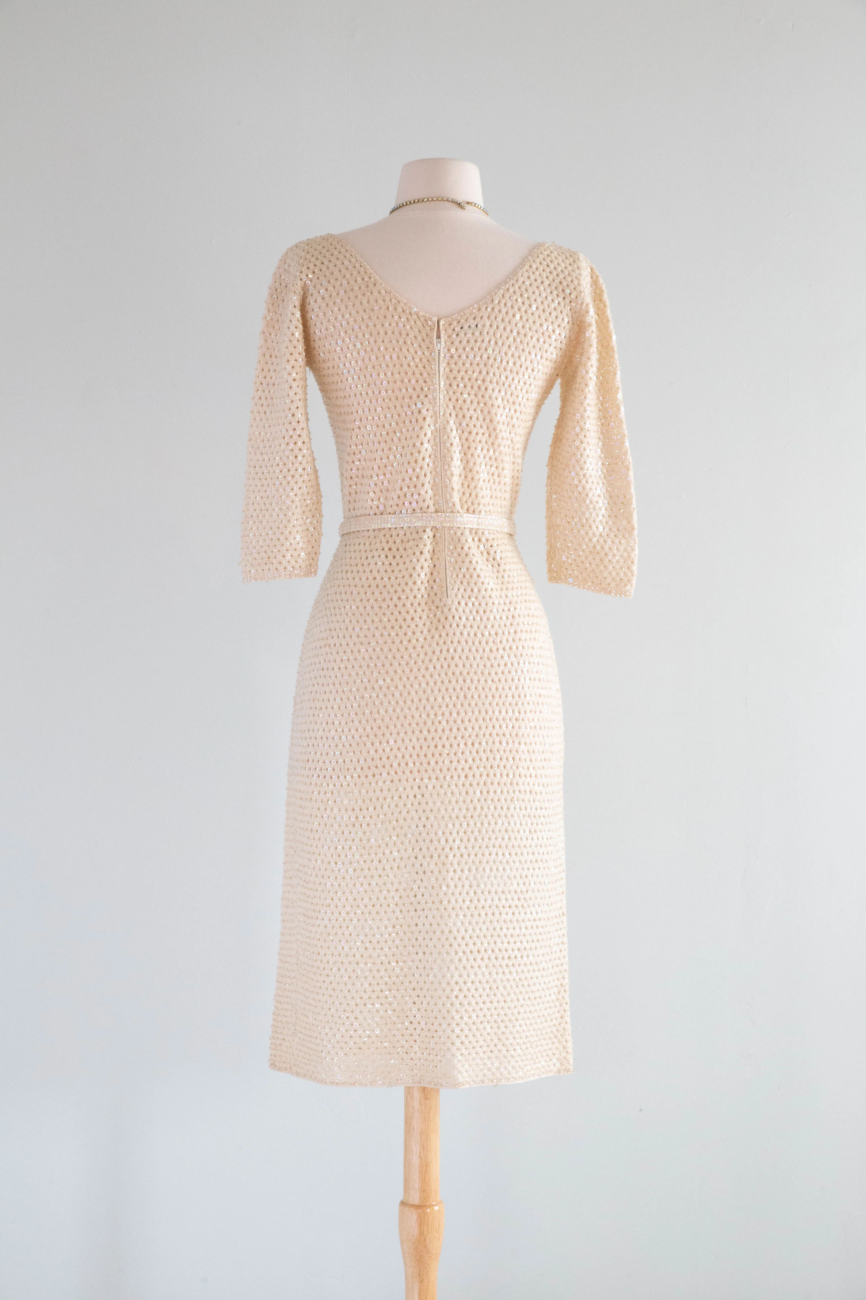 Iconic Late 1950's Ivory Aurora Sequined Knit Wiggle Dress From Hong Kong / SM