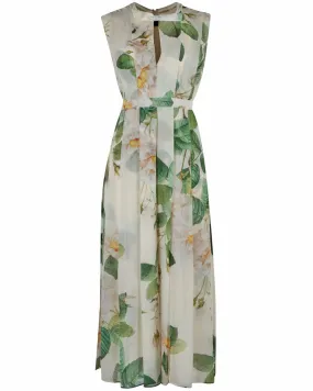 Ivory and Green Georgette Magnolia Print Dress