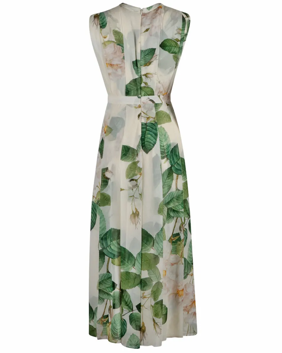 Ivory and Green Georgette Magnolia Print Dress
