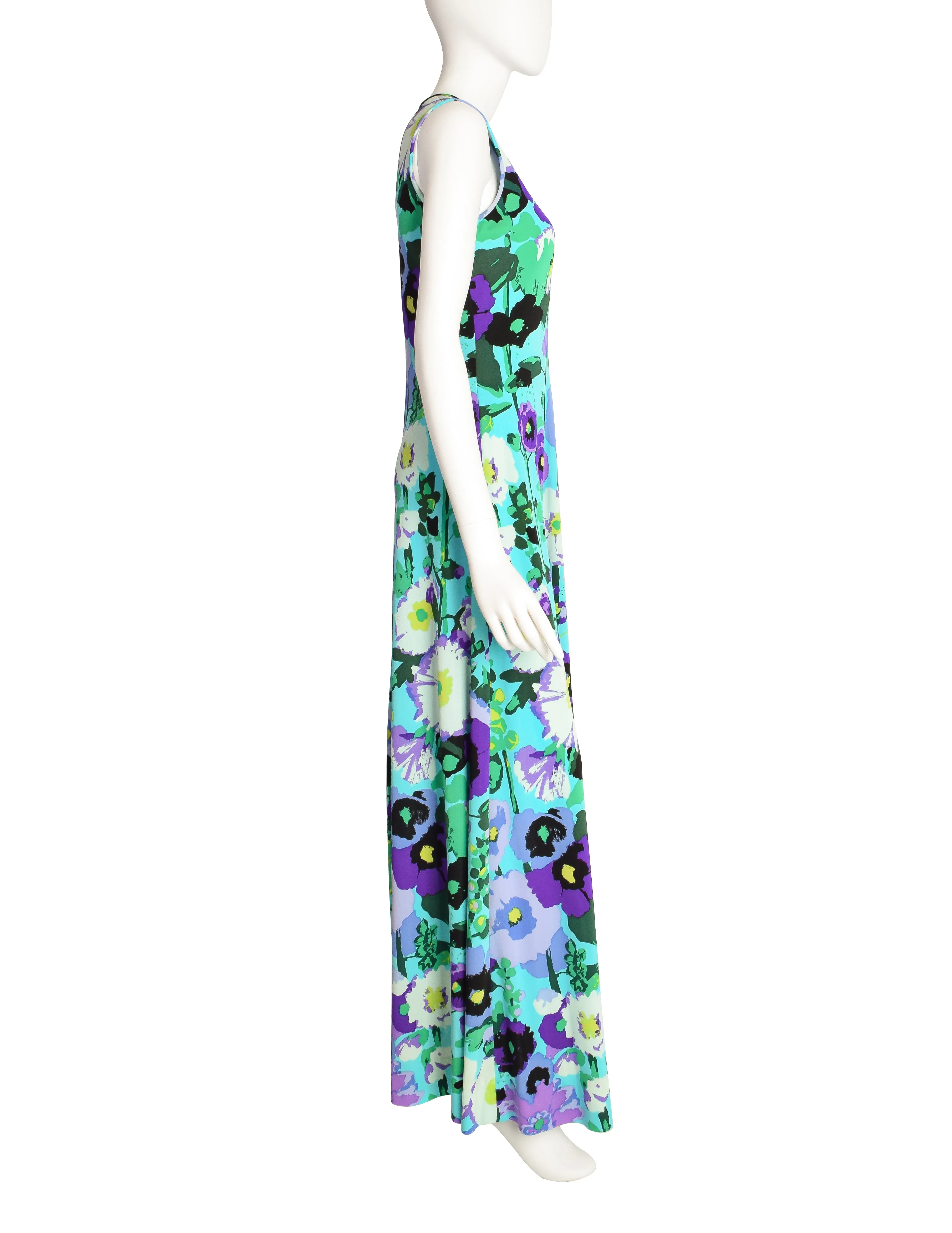 Ken Scott Vintage 1970s Vibrant Aqua Purple Floral Print Maxi Dress