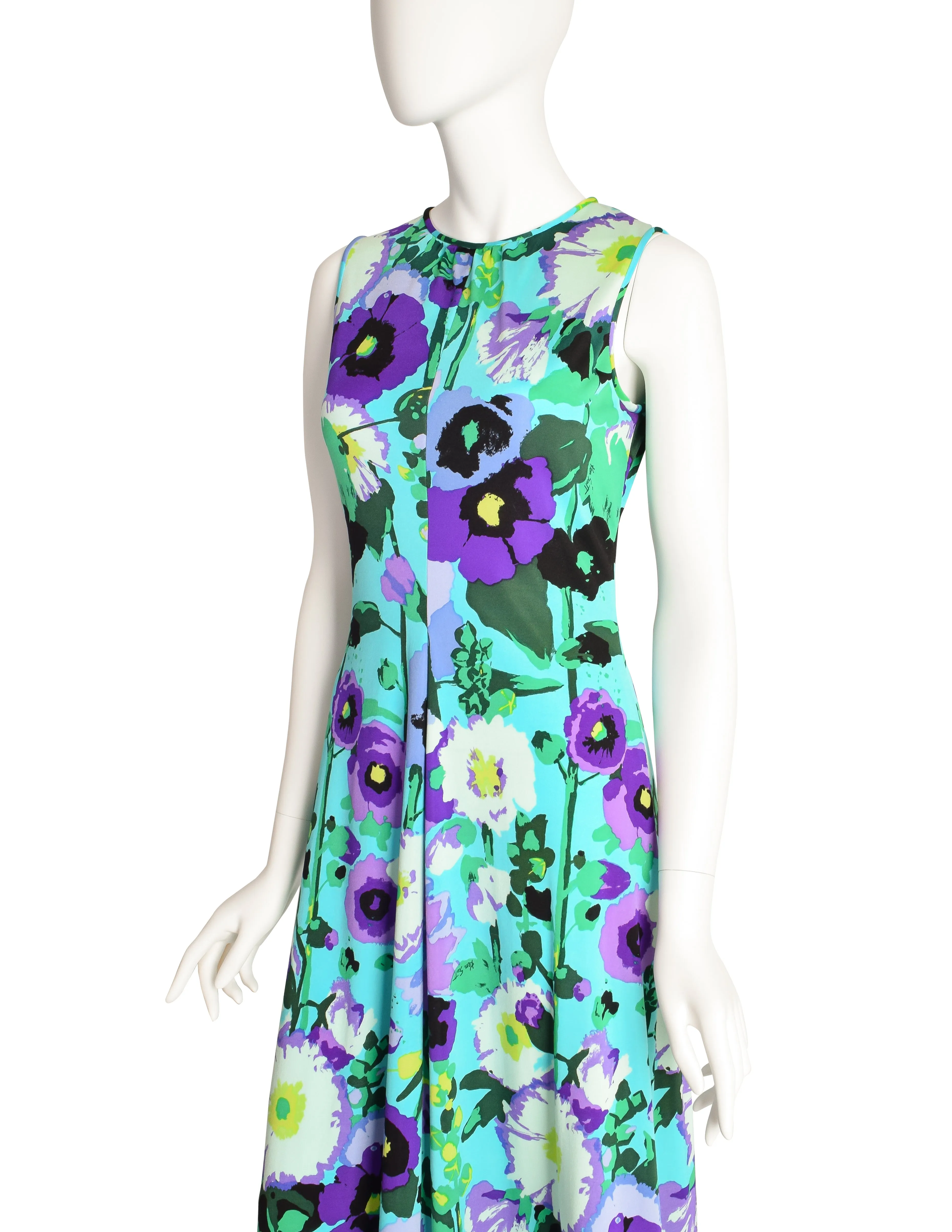 Ken Scott Vintage 1970s Vibrant Aqua Purple Floral Print Maxi Dress