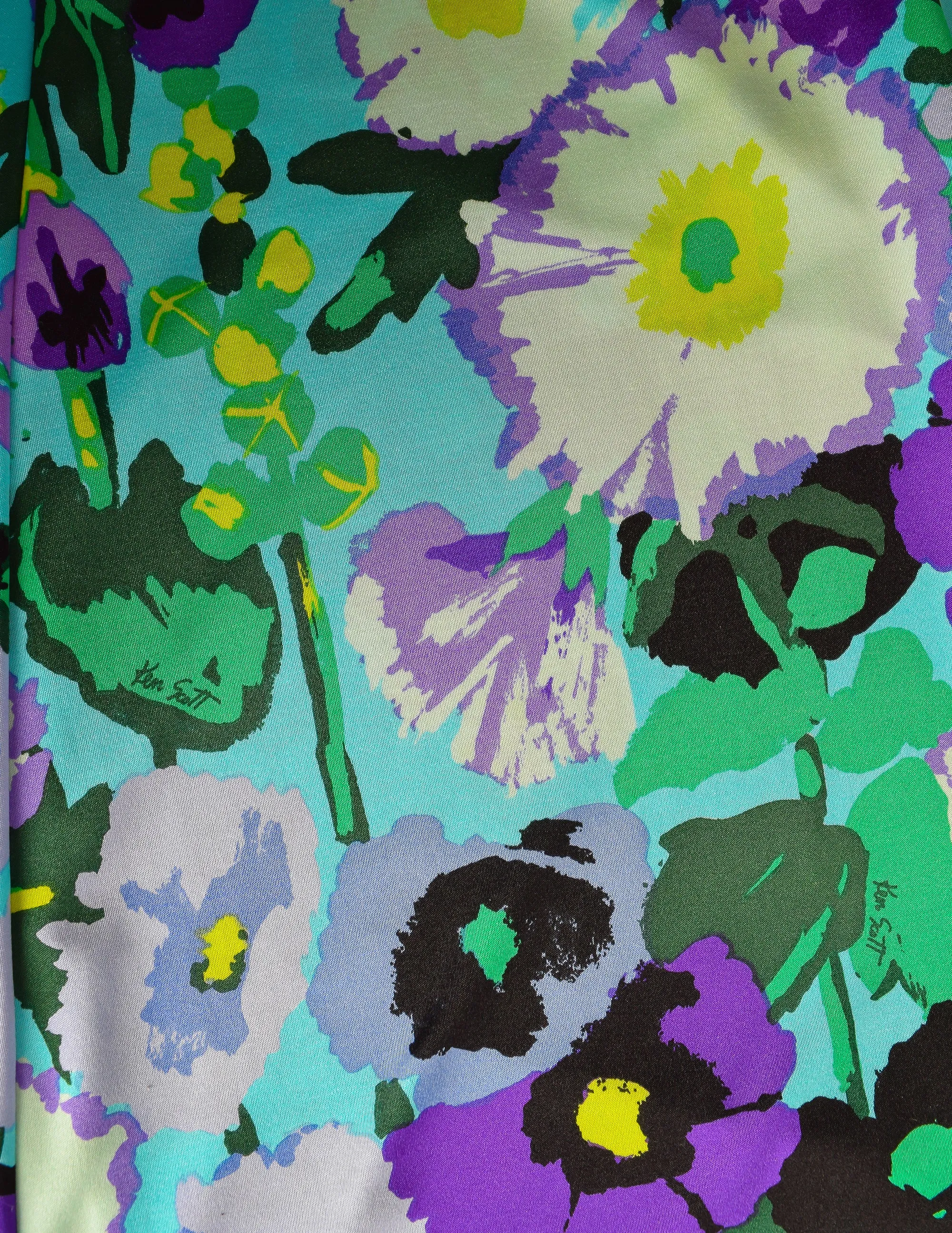 Ken Scott Vintage 1970s Vibrant Aqua Purple Floral Print Maxi Dress