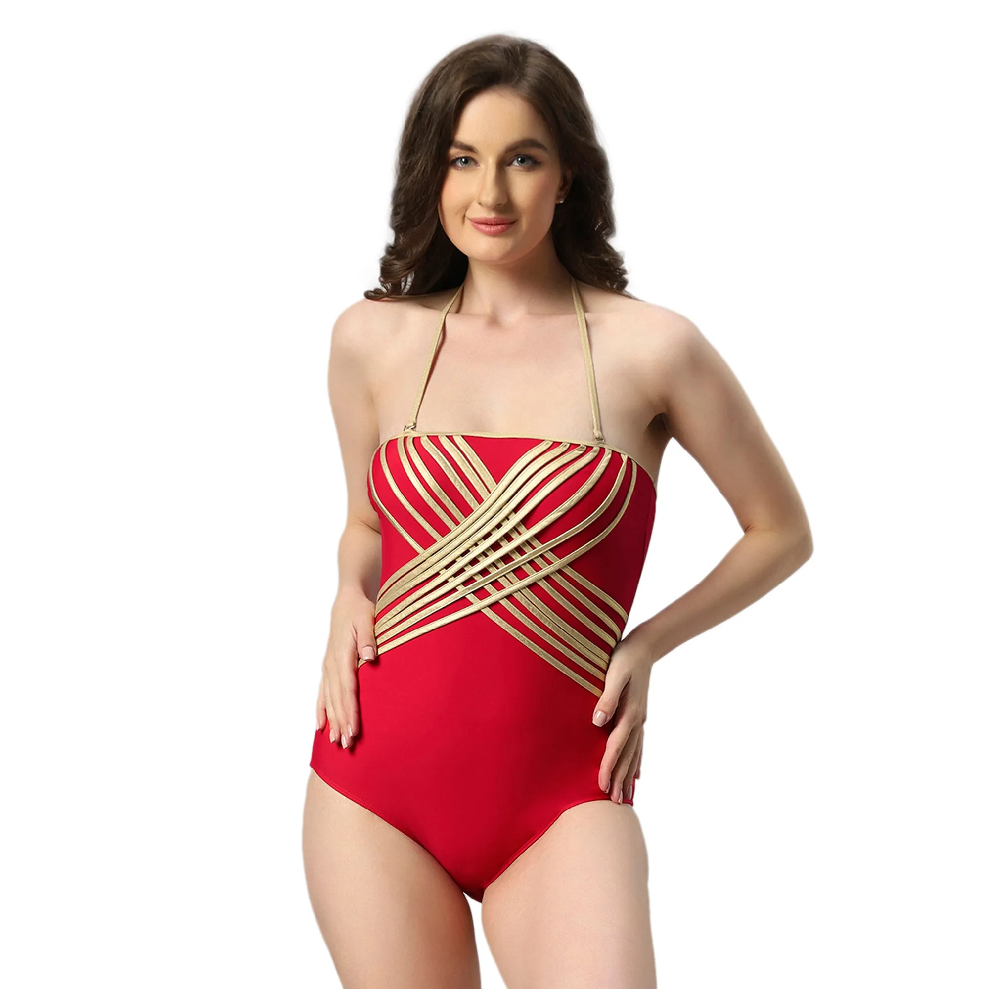 Metallic Halter Neck Backless Monokini Swimsuit-AQS-14