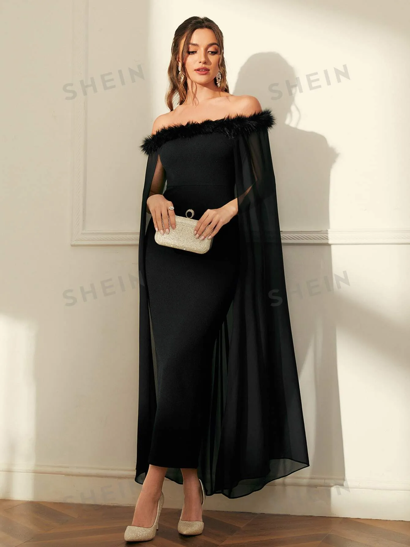 Modely Off Shoulder Fuzzy Trim Split Thigh Chiffon Prom Dress