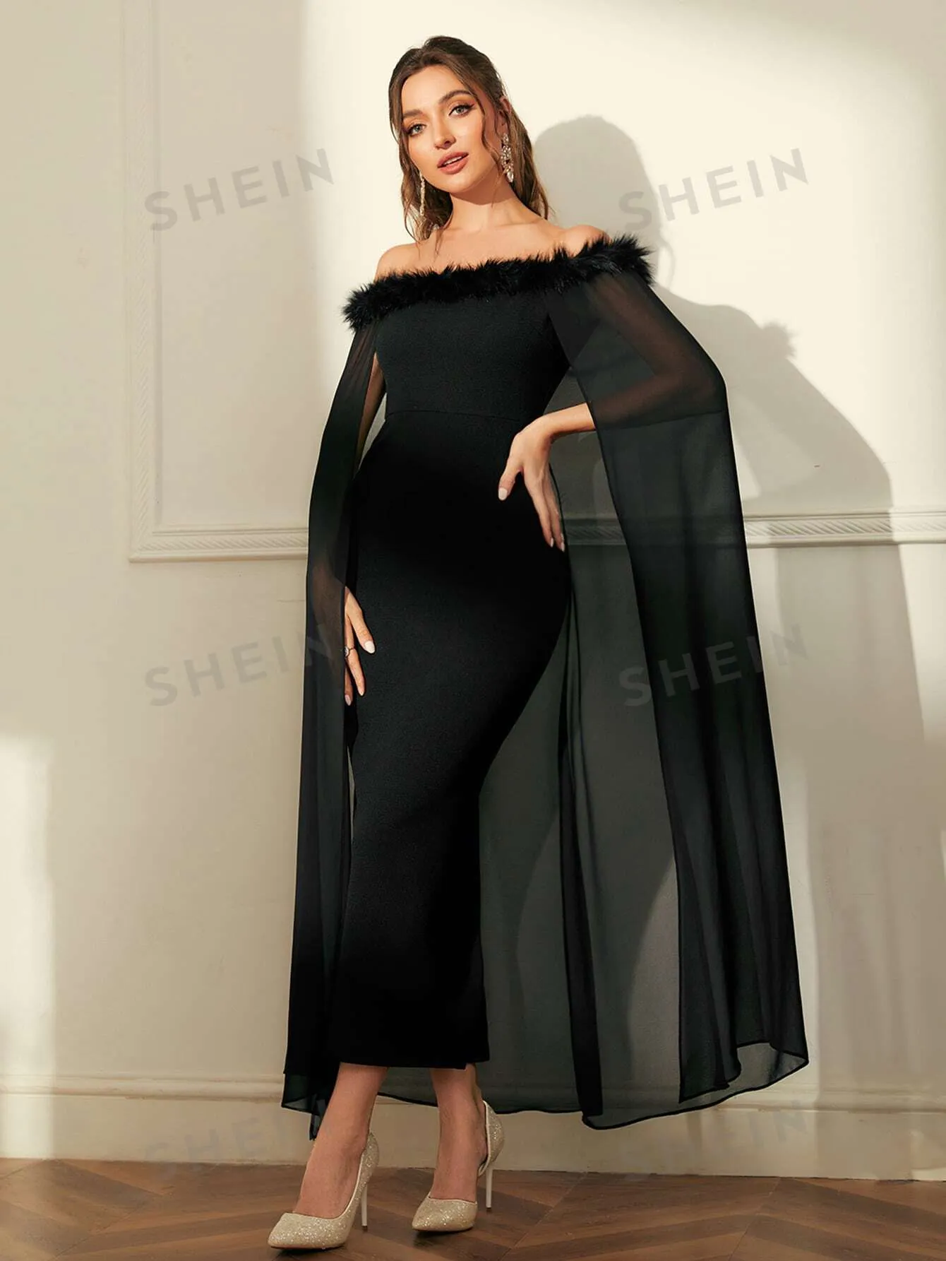 Modely Off Shoulder Fuzzy Trim Split Thigh Chiffon Prom Dress